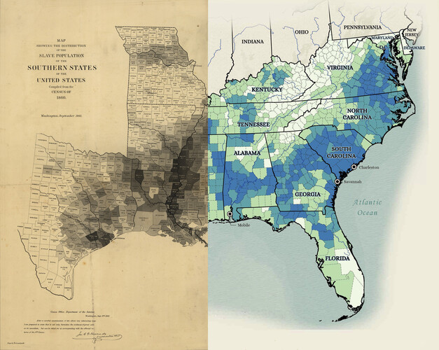 (left) Map showing the distribution of the slave population of the southern states of the United States, Map #95749 / (right) GIS Educational Map, Map #96677