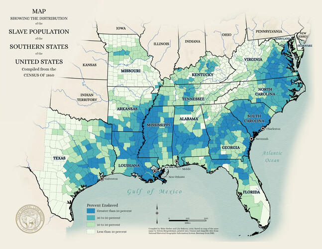 Map Showing the Distribution of the Slave Population of the Southern States of the United States, Map #96677