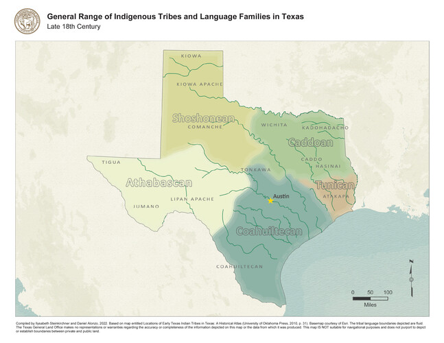 General Range of Indigenous Tribes and Language Families in Texas, Map #97100