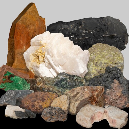 Composite image of a selection of minerals and rocks held by the Texas General Land Office