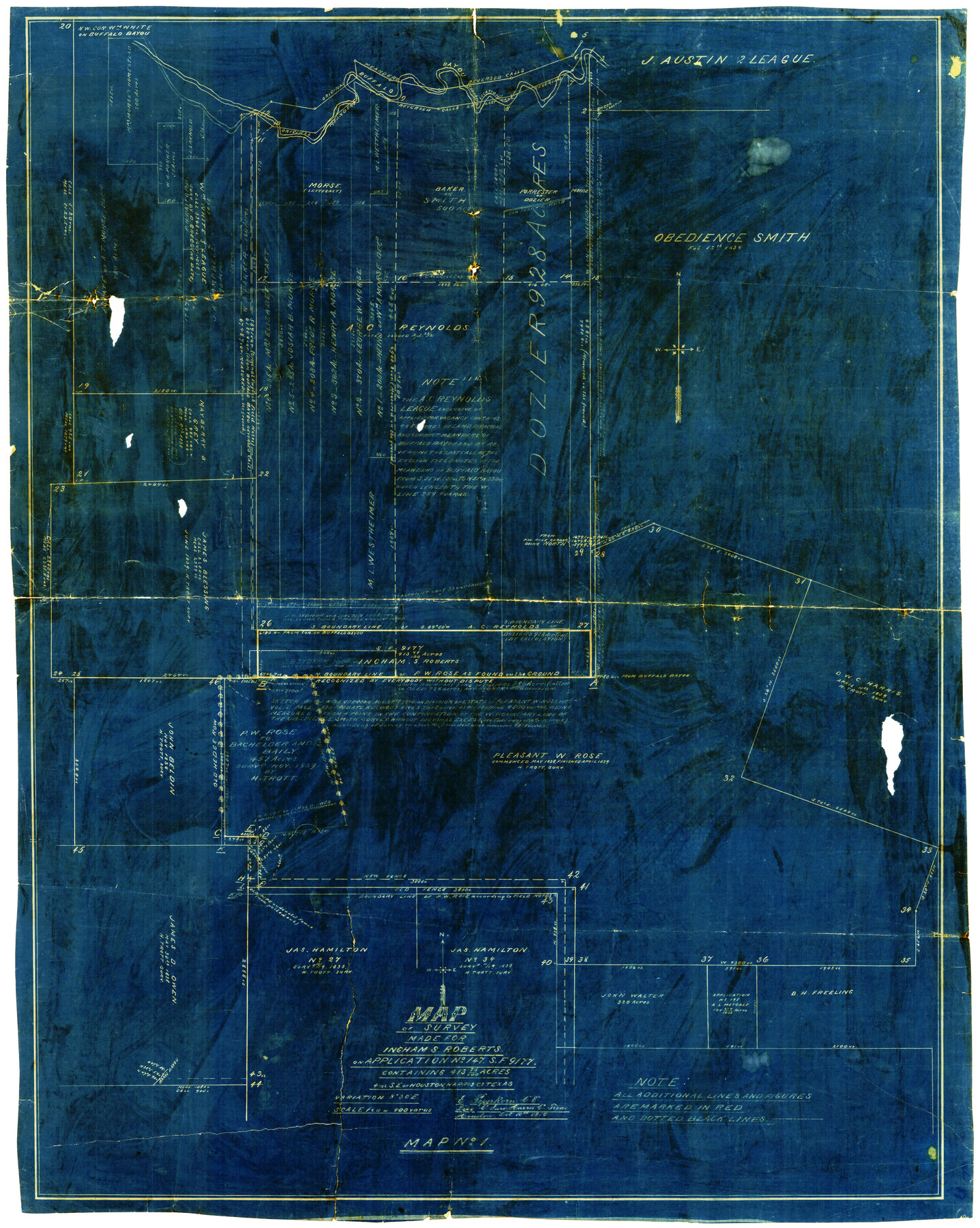 373, Map of survey made for Ingham S. Roberts on Application No. 147, SF-9177 containing 413.78 acres, 4 mi SE of Houston, Harris Co. Texas, Maddox Collection