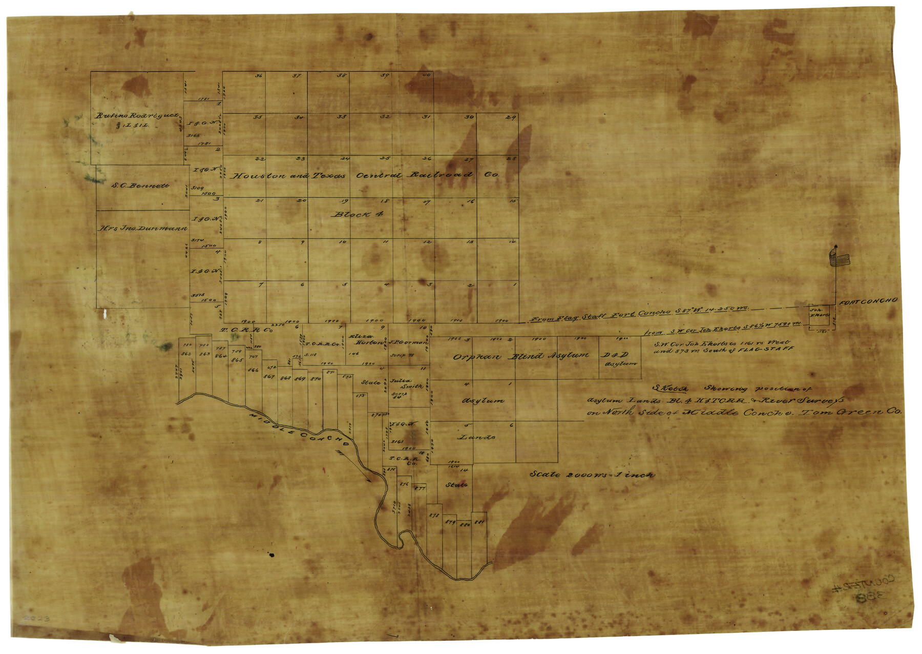 388, Sketch showing position of Asylum Lands Blk. 4, H. & T. C. R.R. Co. & river surveys on north side of Middle Concho, Tom Green Co., Maddox Collection