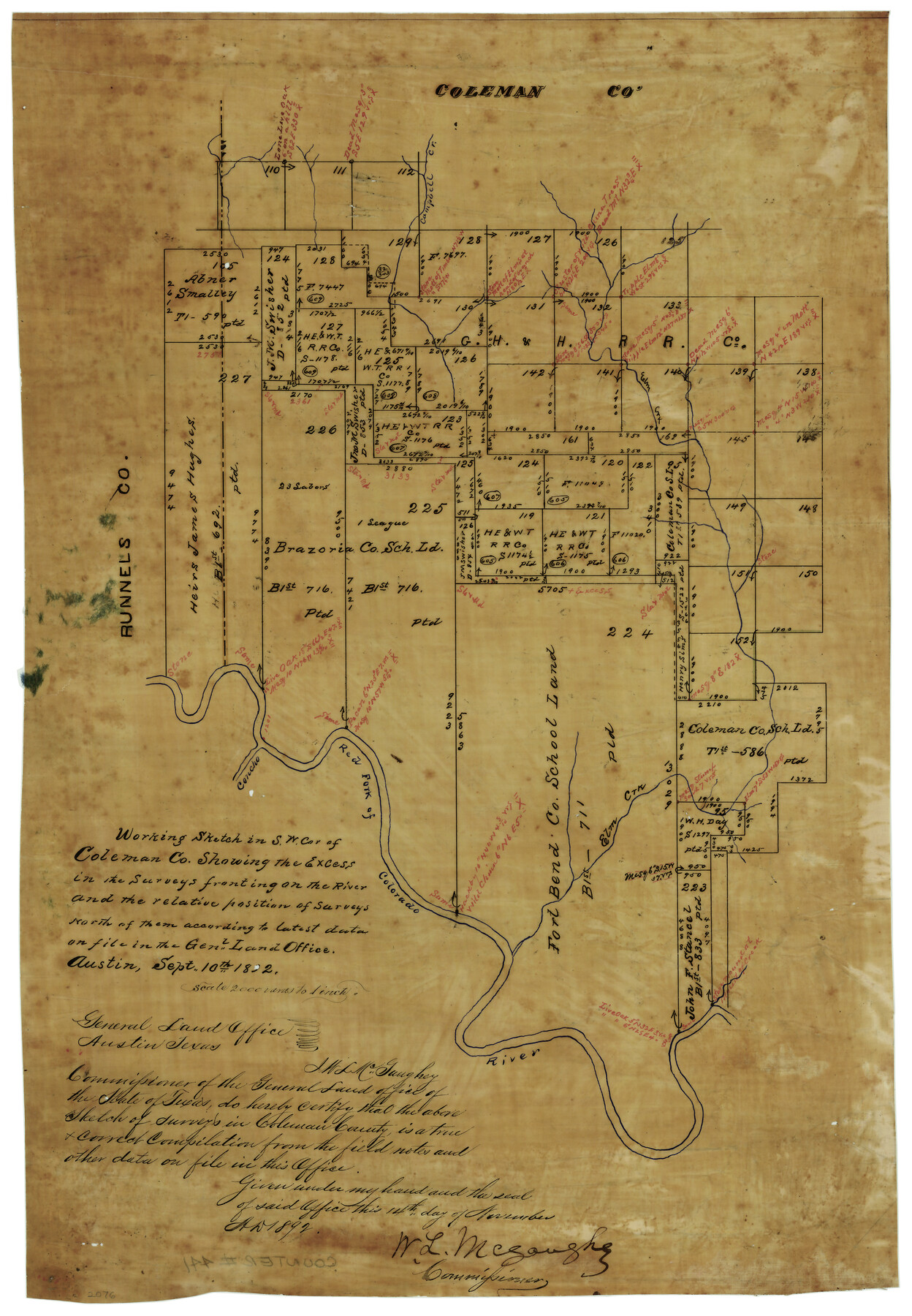 441, Working Sketch in SW cor. of Coleman Co. showing the excess in the surveys fronting on the river and the relative position of surveys north of them according to latest data on file in the Genl. Land Office, Maddox Collection
