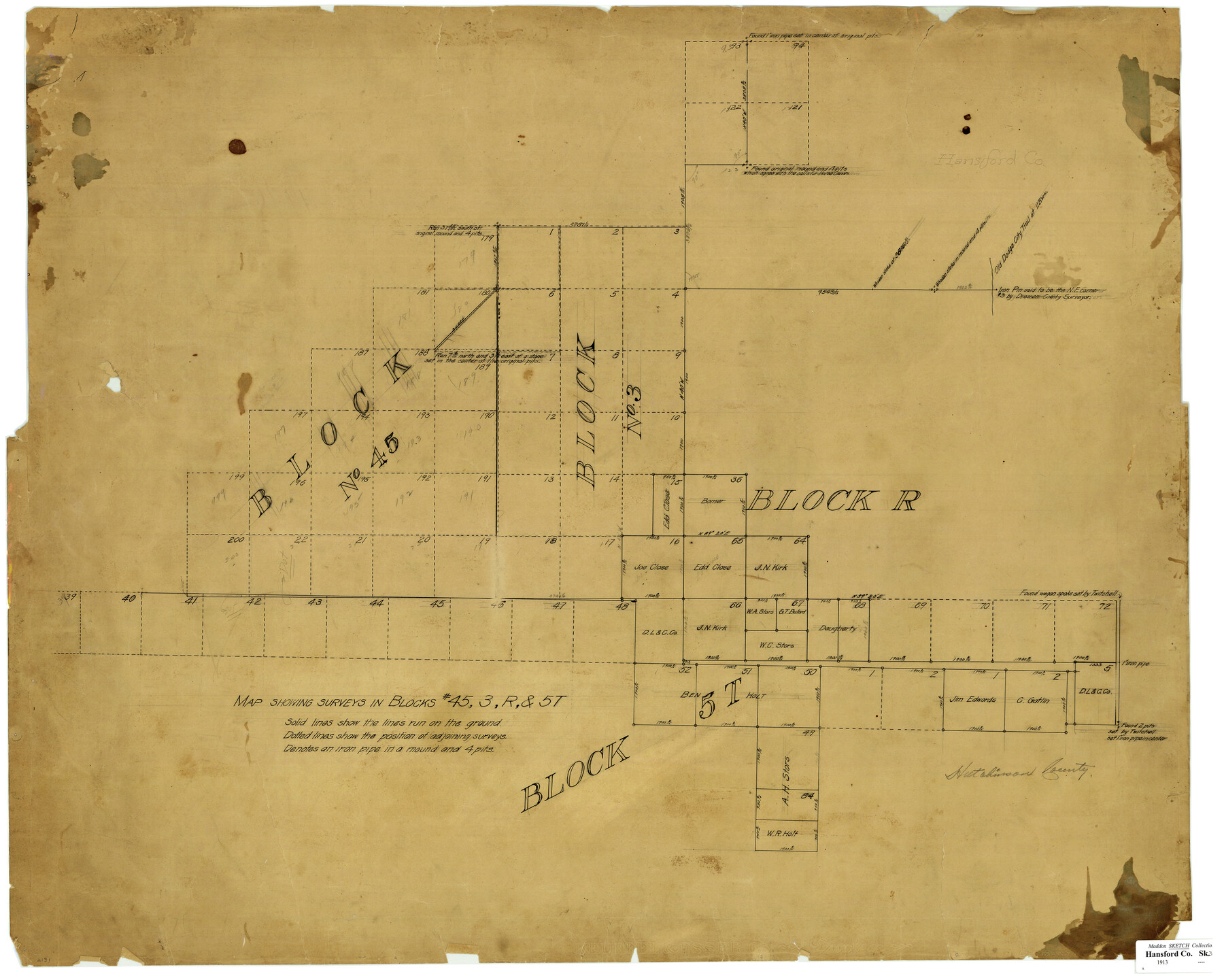 496, Map showing surveys in Blocks 45, 3, R & 5T, Maddox Collection
