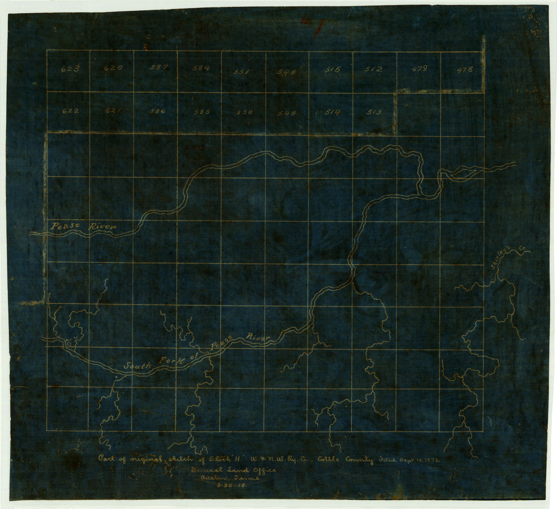 613, Part of original sketch of Block "H" W. & N. W. Ry. Co. Cottle County, Maddox Collection