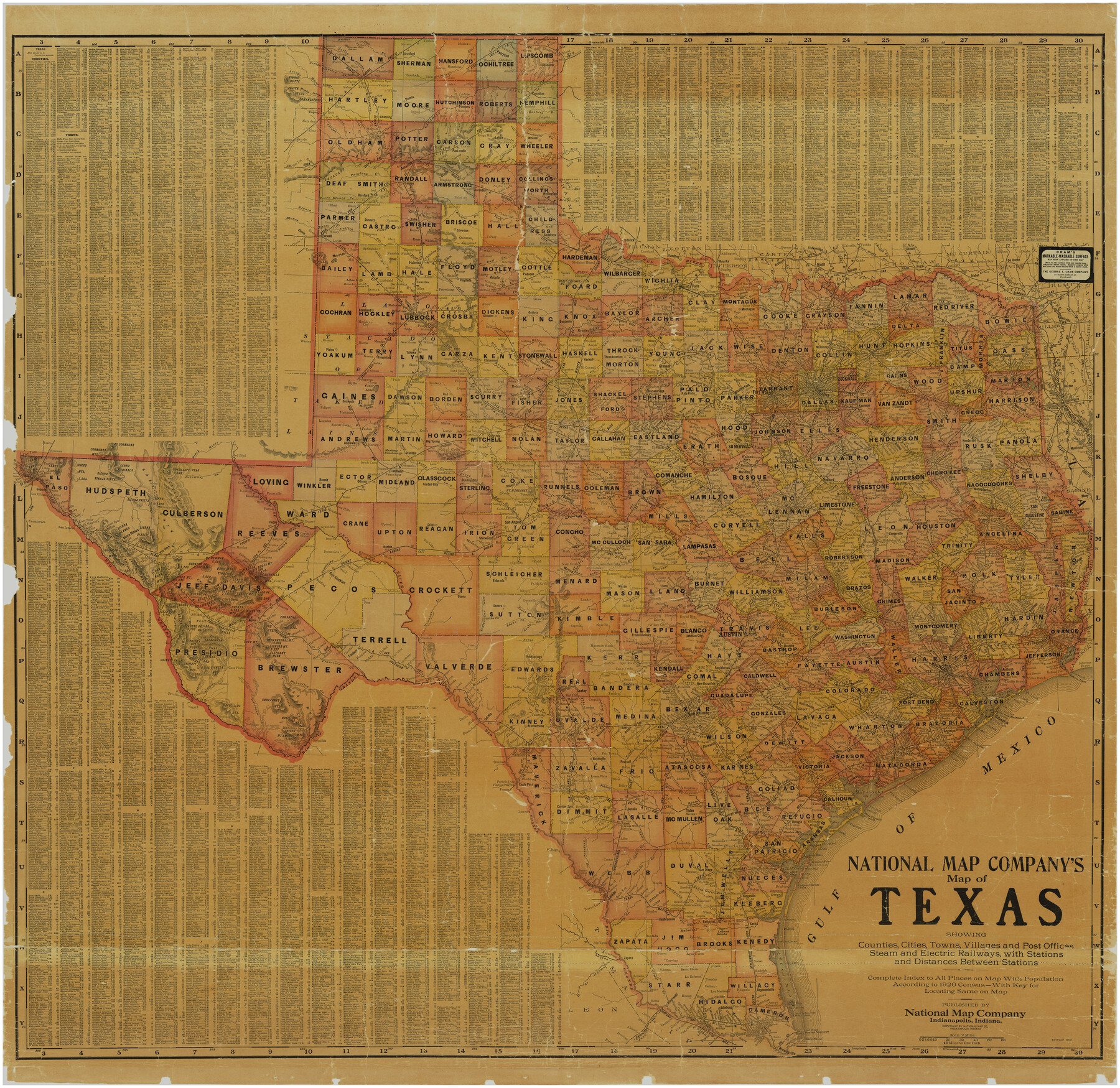 10749, National Map Company's Map of Texas showing counties, cities, towns, villages and post offices, steam and electric railways with stations and distance between stations, General Map Collection