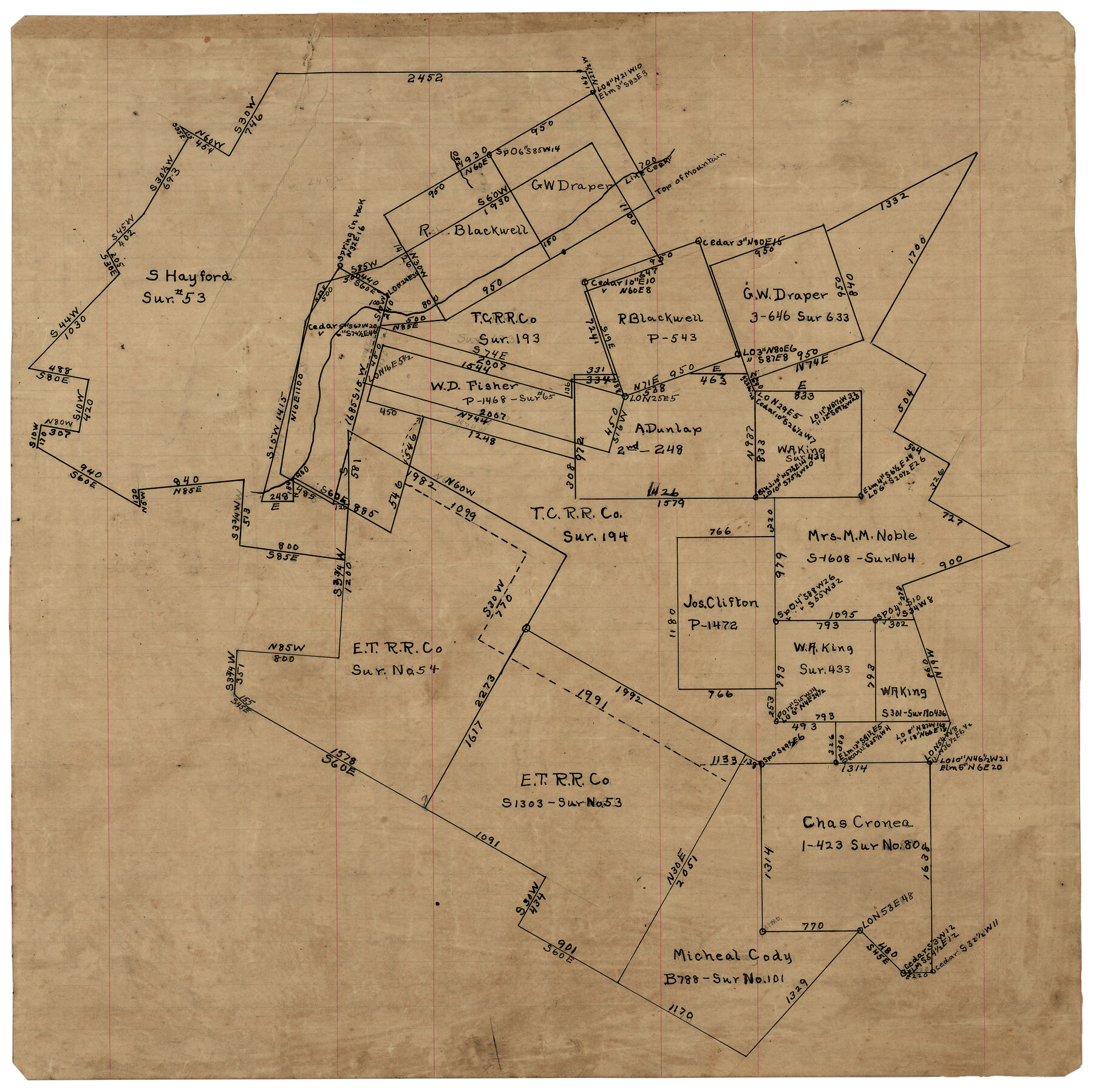 10753, [Surveying sketch of S. Hayford, E. T. R.R. Co., T. C. R. R. Co., et al in Travis County, Texas], Maddox Collection
