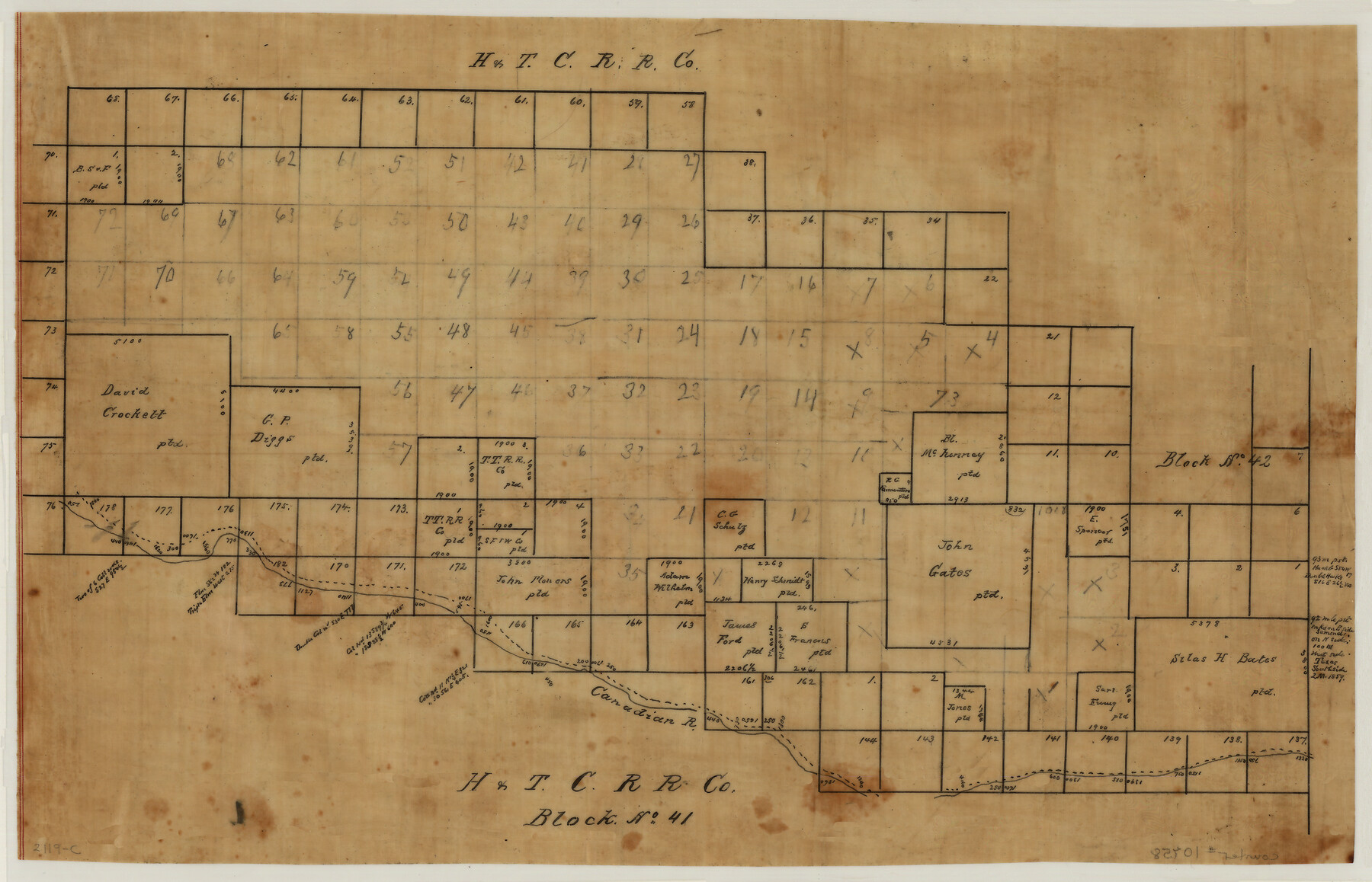10758, [Sketch of H & T C RR Co. Blocks north of the Canadian River, Hemphill County, Texas], Maddox Collection