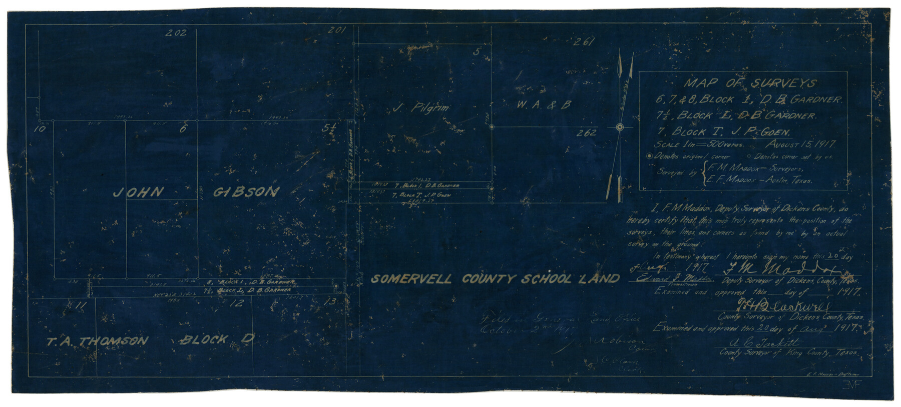10762, Map of Surveys 6, 7, & 8, Block 1, D.B. Gardner 7 1/2, Block L, D.B. Gardner 7, Block T, J.P. Goen, Maddox Collection
