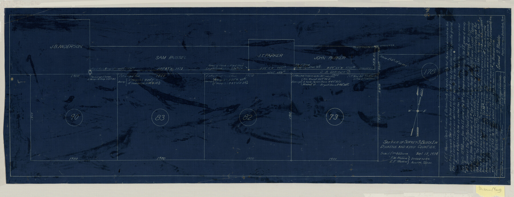 10766, Sketch of Survey 3, Block 1 in Dickens and King Counties, Maddox Collection