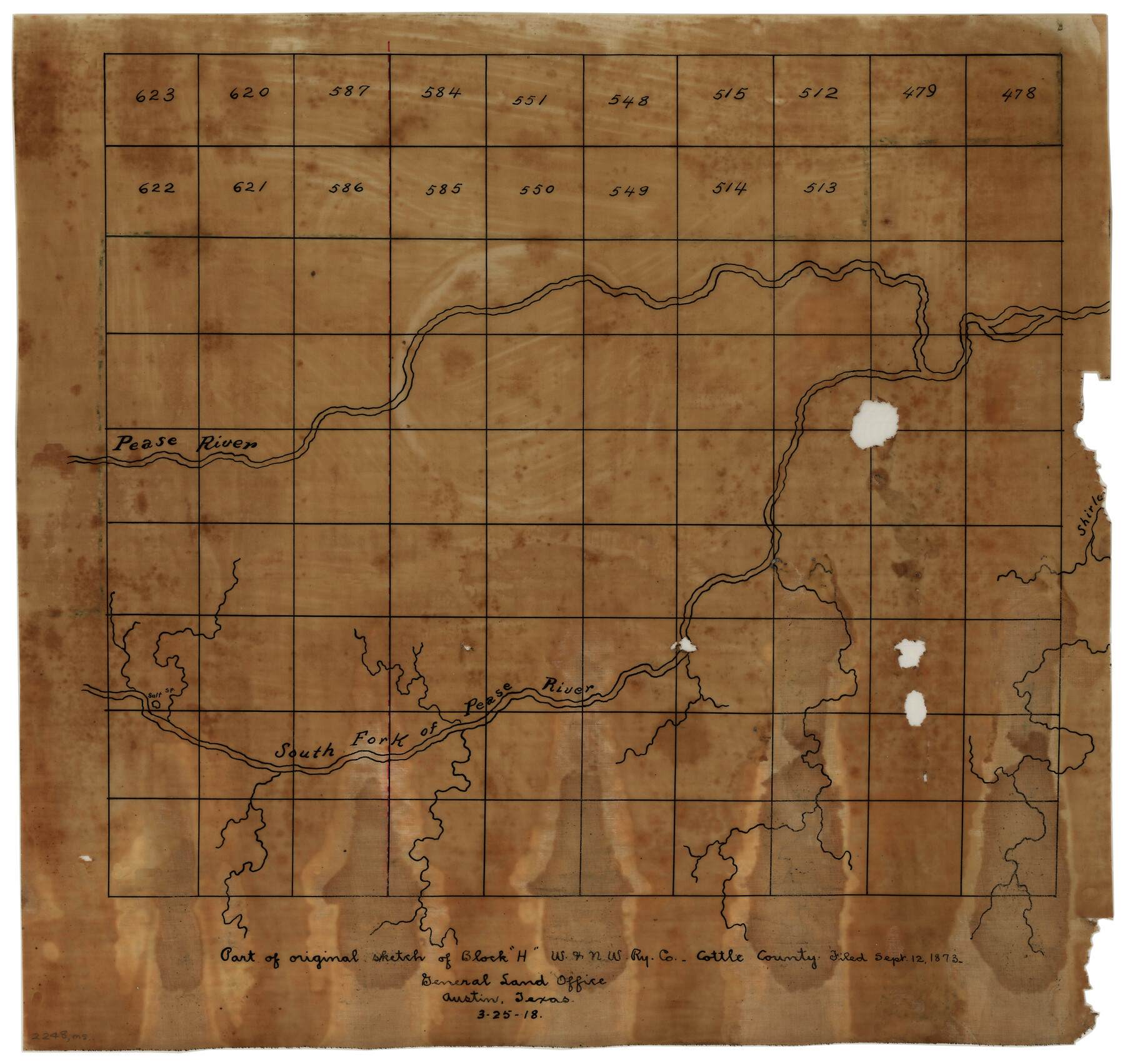10776, Part of original sketch of Block "H" W. & N. W. Ry. Co. Cottle County, Maddox Collection
