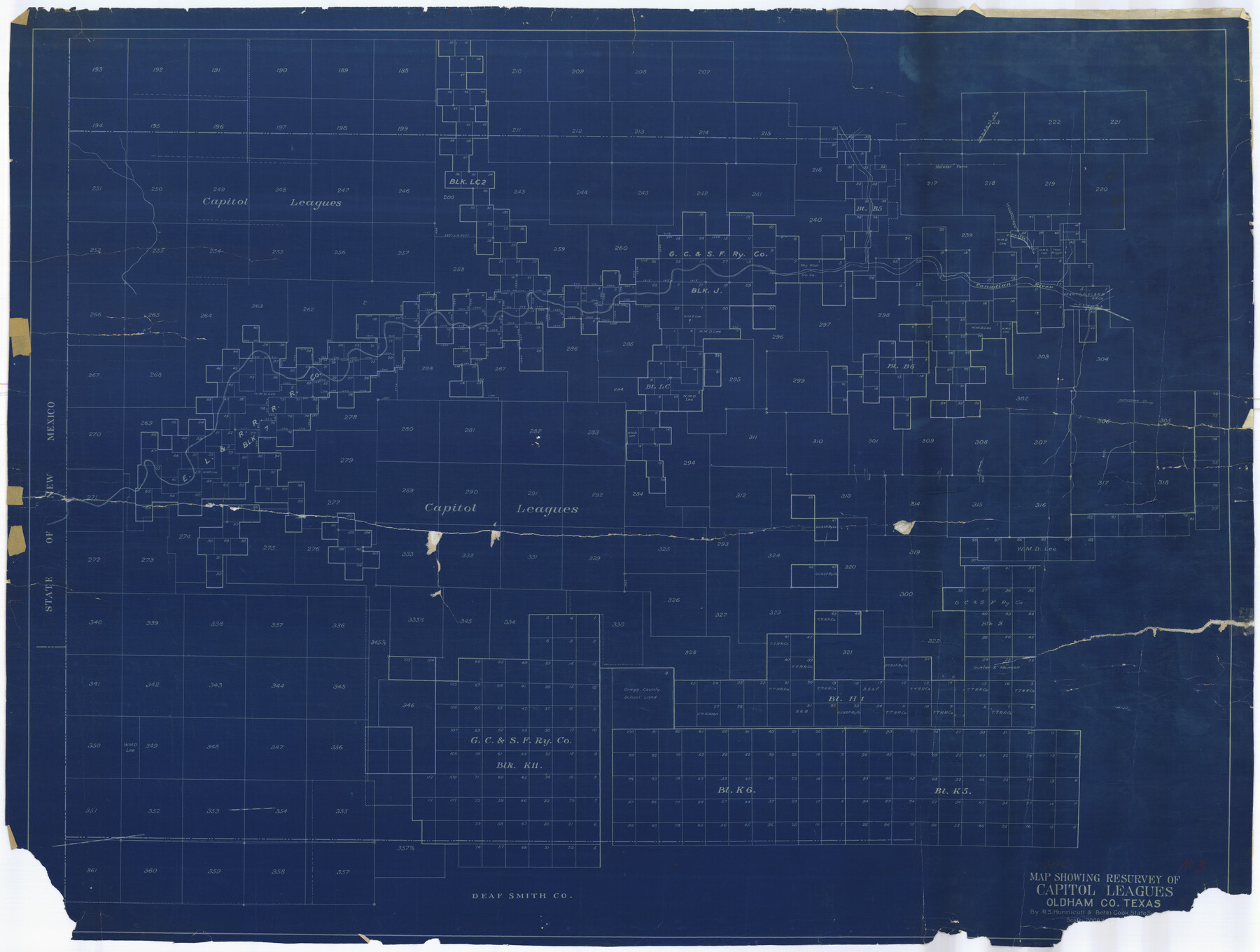 1755, Map showing resurvey of Capitol Leagues, Oldham Co., Texas, General Map Collection