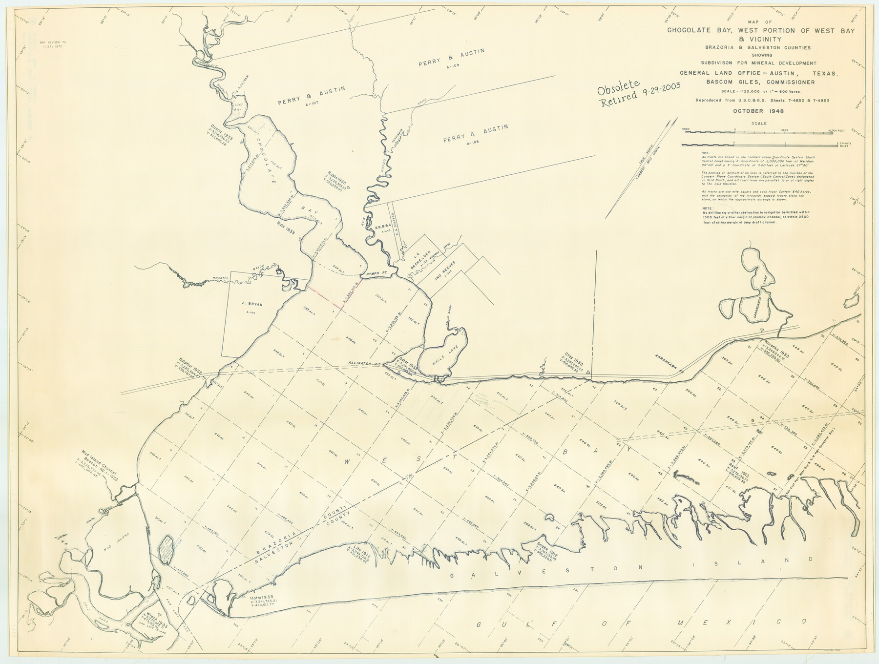 1907, Chocolate Bay, West Portion of West Bay and Vicinity, Brazoria and Galveston Counties, showing Subdivision for Mineral Development, General Map Collection