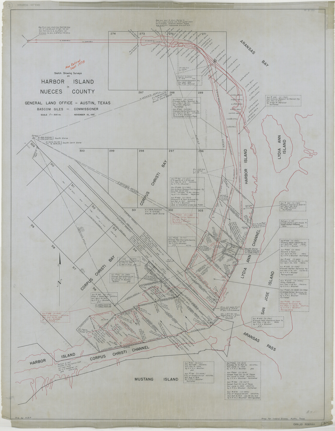 2020, Sketch showing surveys on Harbor Island in Nueces County, General Map Collection