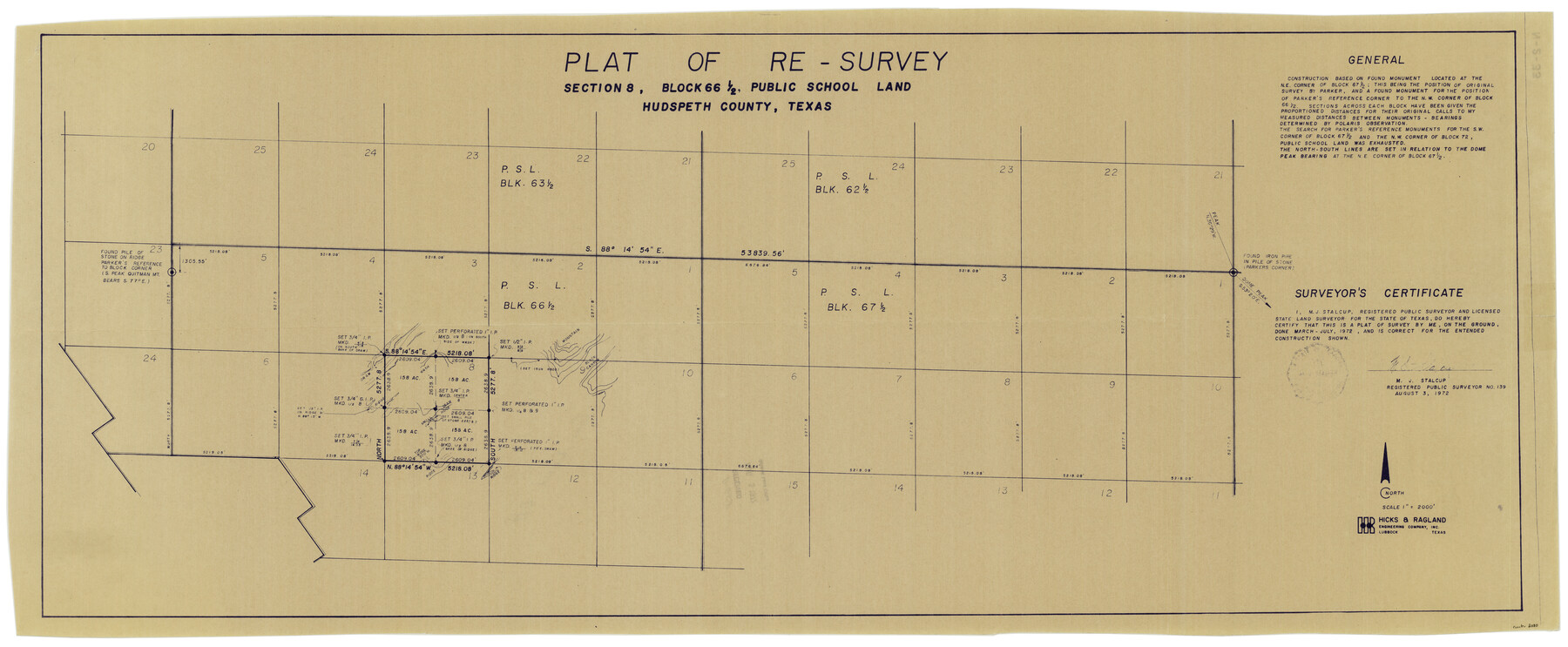 2080, Plat of Re-survey Section 8, Block 66 1/2, Public School Land, General Map Collection
