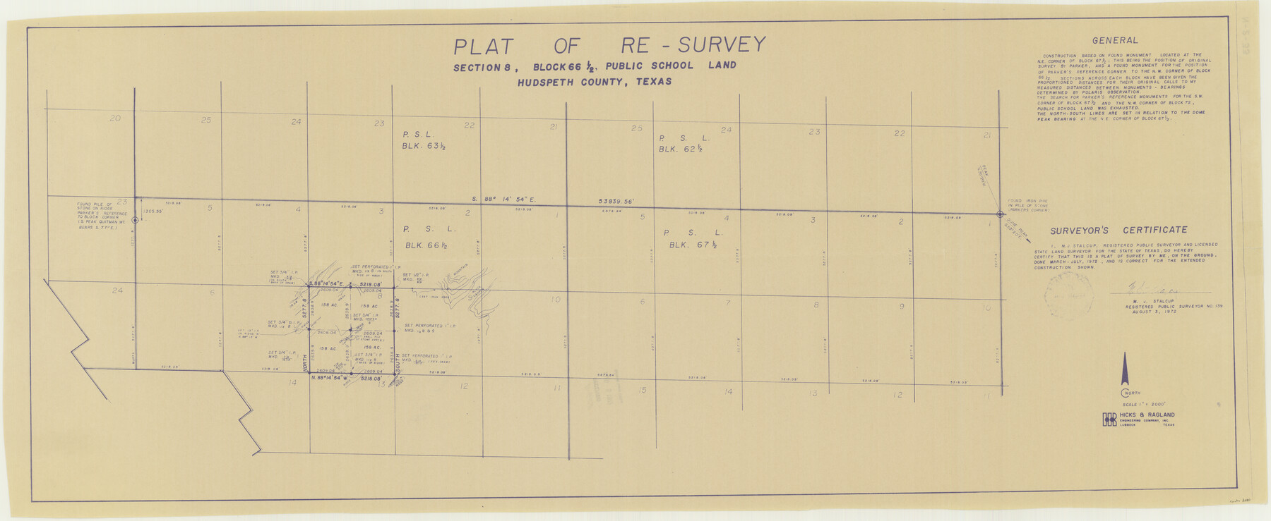 2080, Plat of Re-survey Section 8, Block 66 1/2, Public School Land, General Map Collection