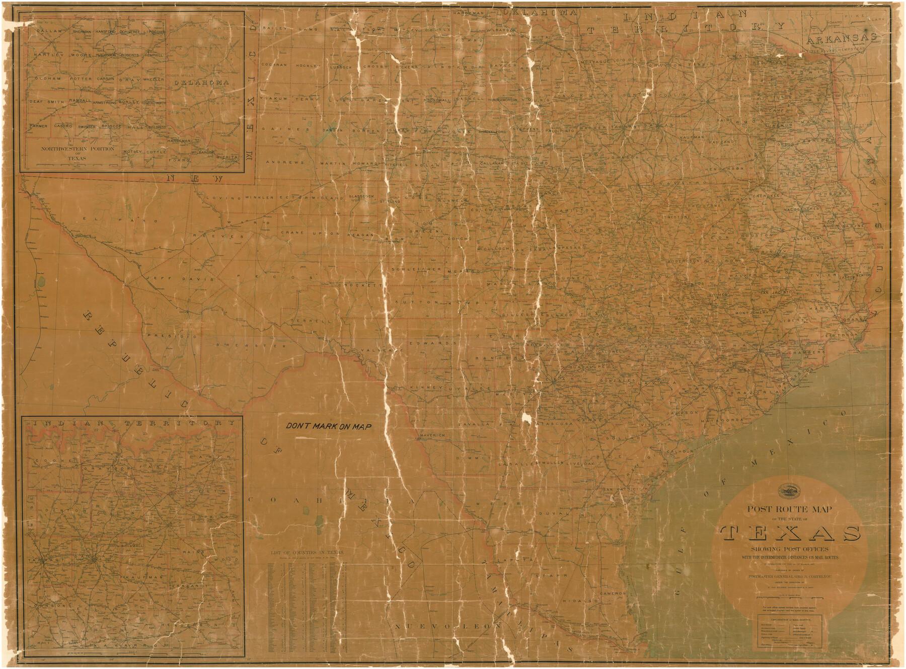 2090, Post Route Map of the State of Texas showing post offices with the intermediate distances on mail routes in operation on the 1st of March, 1907, General Map Collection
