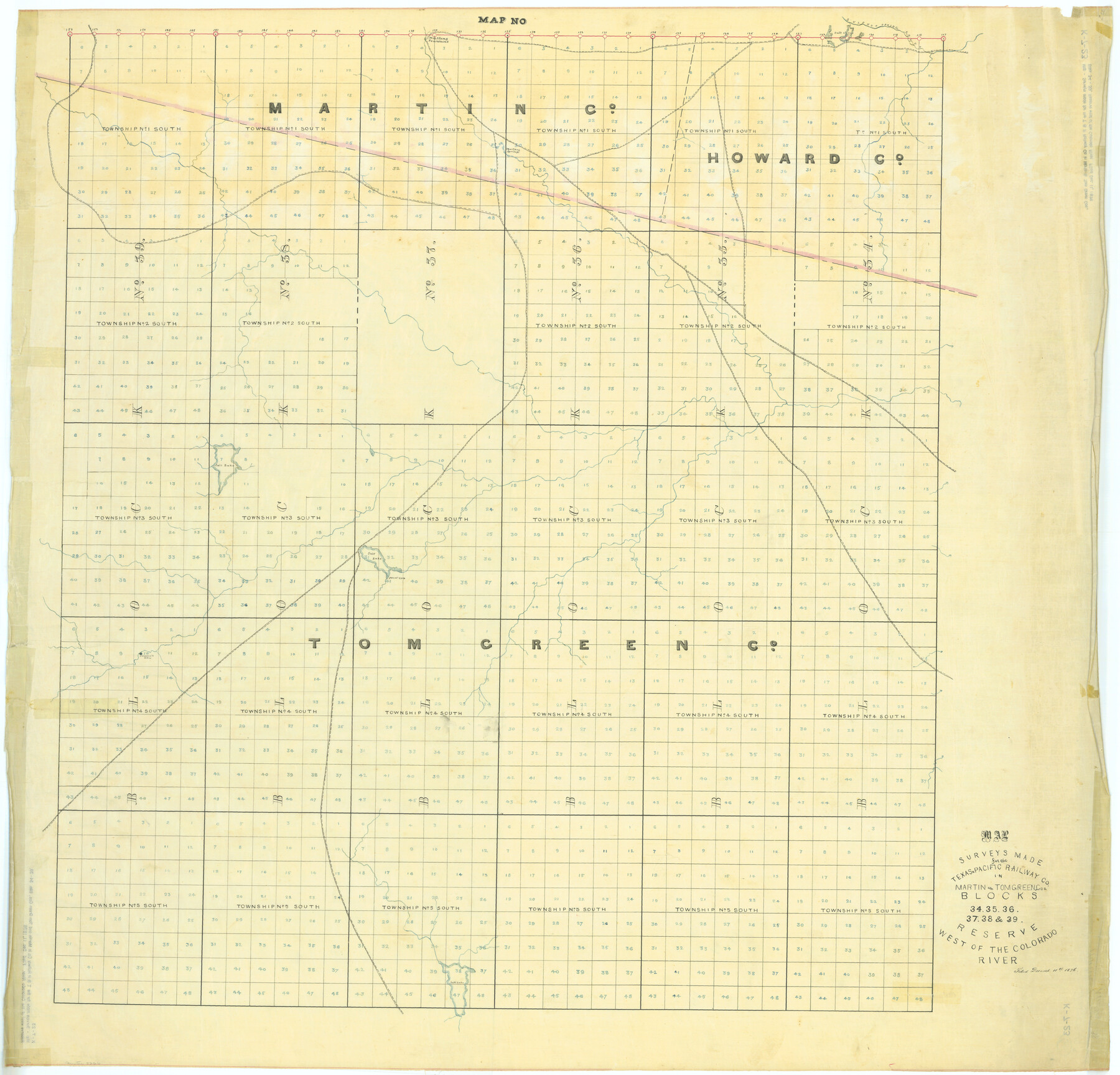 2226, Map of Surveys Made for the T&PRR in Martin & Tom Green Counties, Blocks 34-39, Reserve West of the Colorado River, General Map Collection