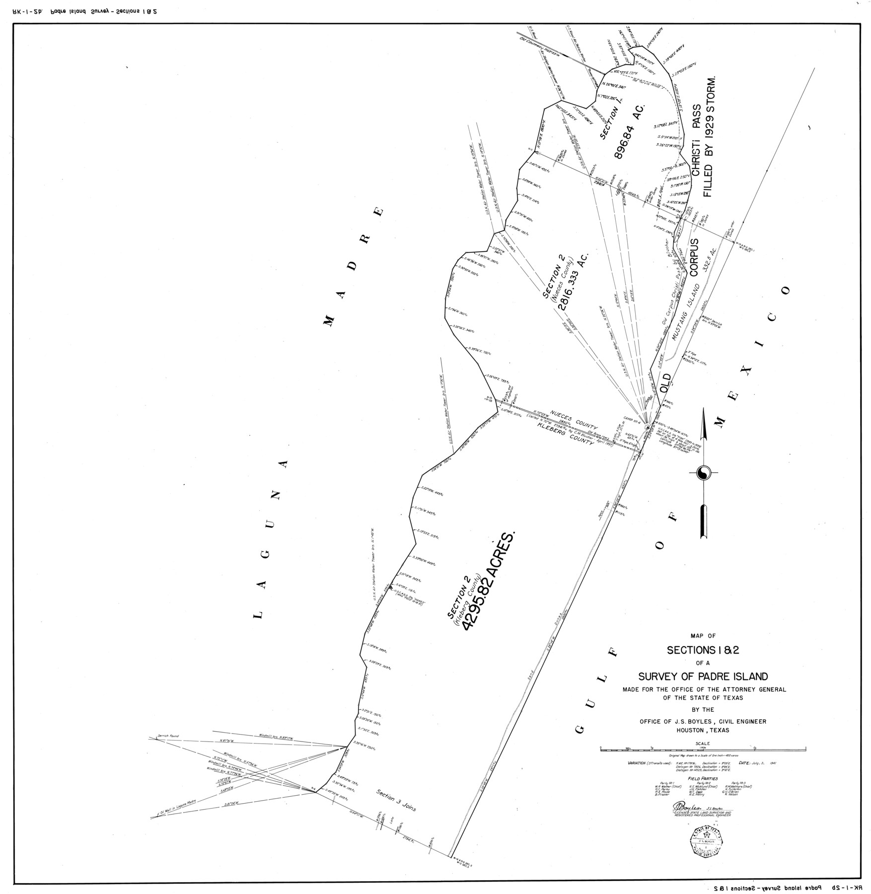 2258, Map of sections 1 & 2 of a survey of Padre Island made for the Office of the Attorney General of the State of Texas, General Map Collection