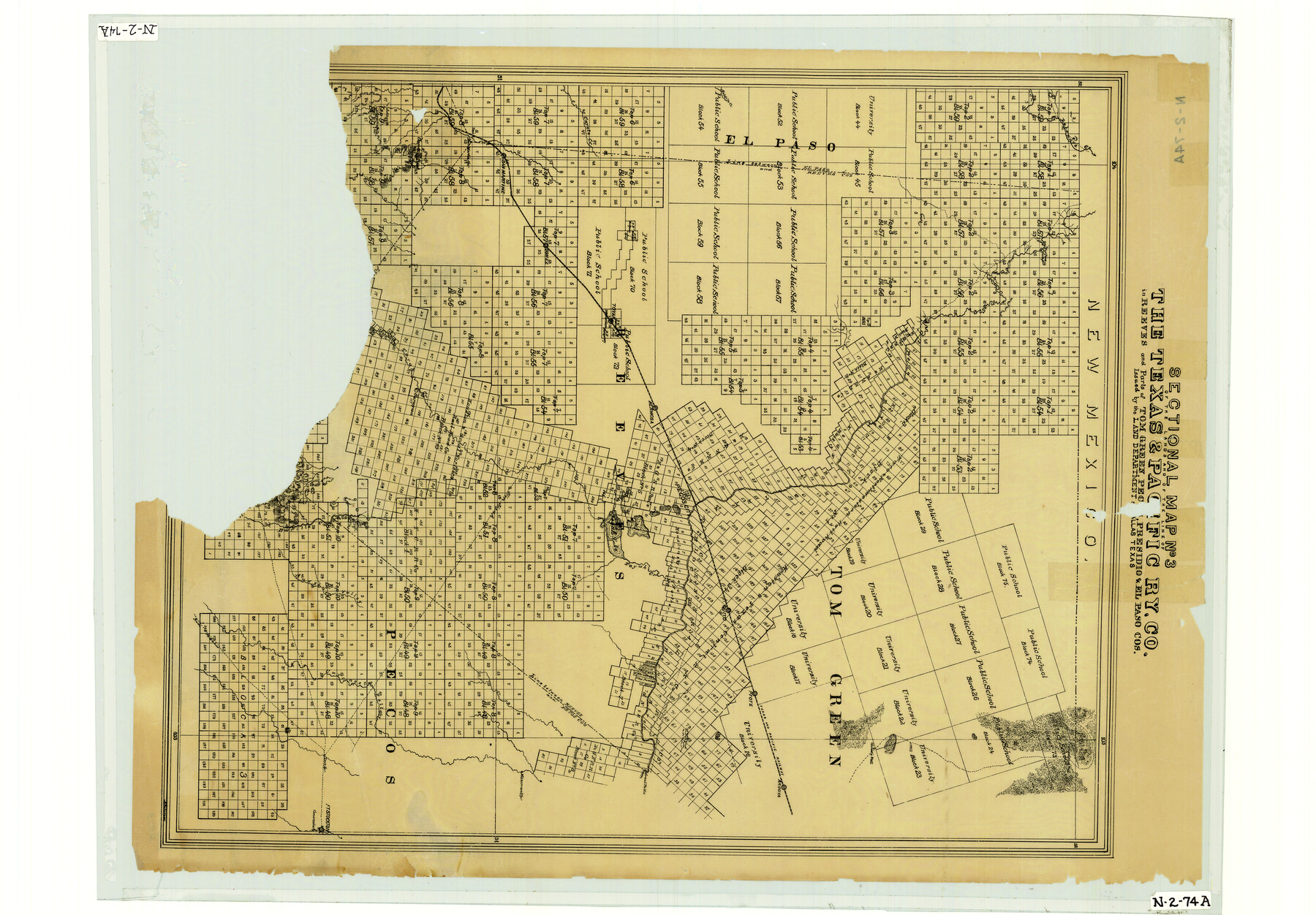 2303, Sectional Map No. 3 of the lands and of the line of the Texas & Pacific Ry. Co. in Reeves and parts of Tom Green, Pecos, Presidio & El Paso Cos., General Map Collection