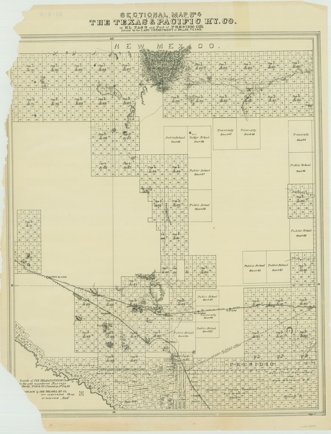 2304, Sectional Map No. 4 of the lands and of the lines of the Texas & Pacific R'Y. Co. in El Paso and part of Presidio Co's., General Map Collection
