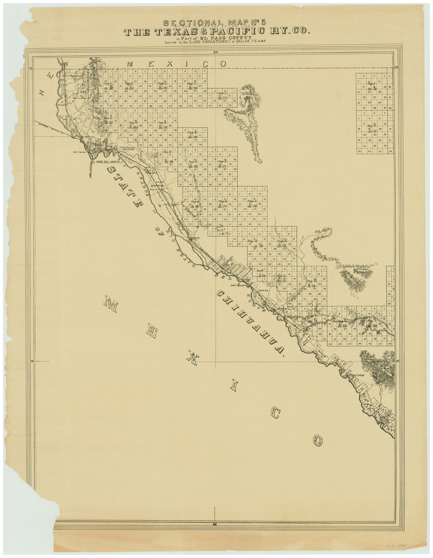 2305, Sectional Map No. 5 of the lands and of the line of the Texas & Pacific Ry. Co. in part of El Paso County, General Map Collection