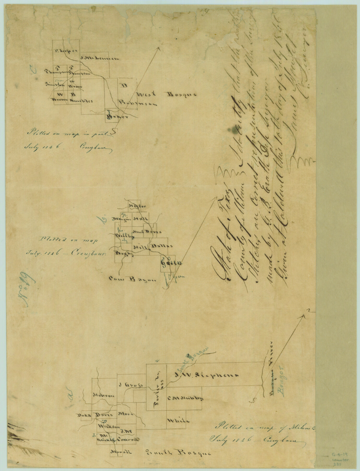 231, [Surveys in the Milam District along the Brazos River, North Bosque River, West Bosque River and Cow Bayou], General Map Collection