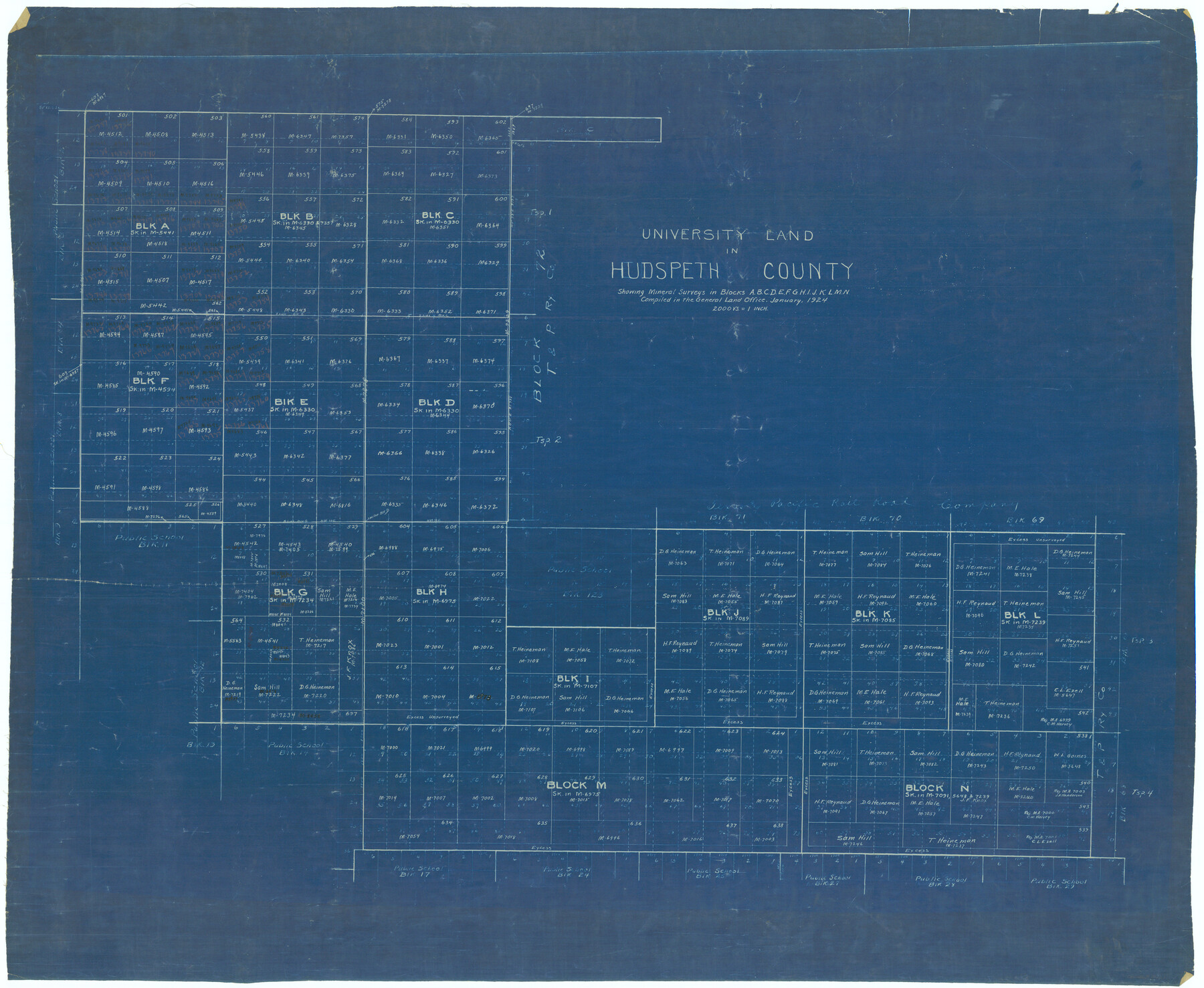 2421, University Land in Hudspeth County showing Mineral Surveys in Blocks A, B, C, D, E, F, G, H, I, J, K, L, M, N, General Map Collection
