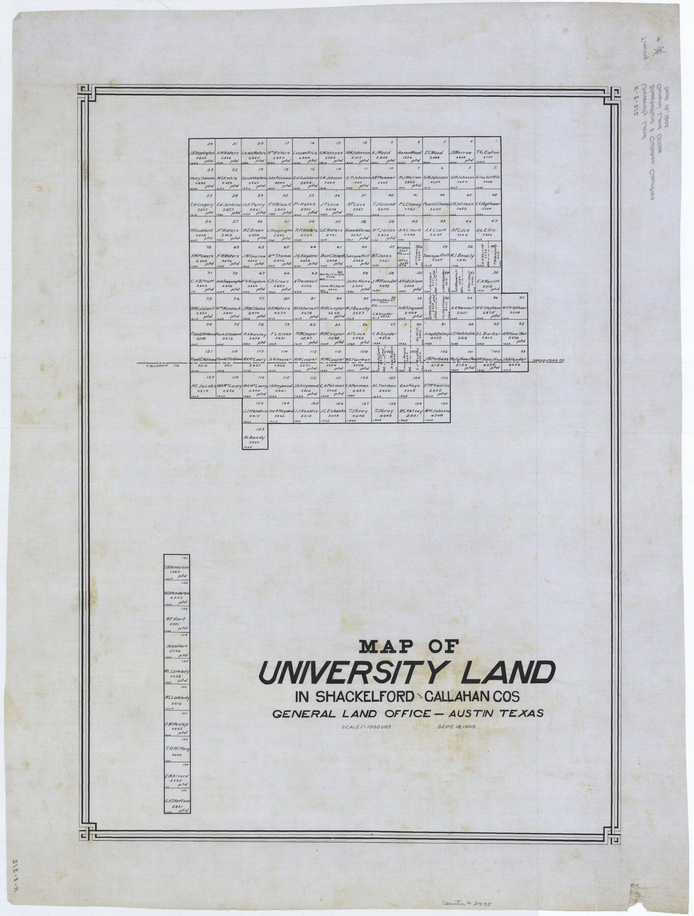 2435, Map of University Land in Shackelford and Callahan Counties, General Map Collection