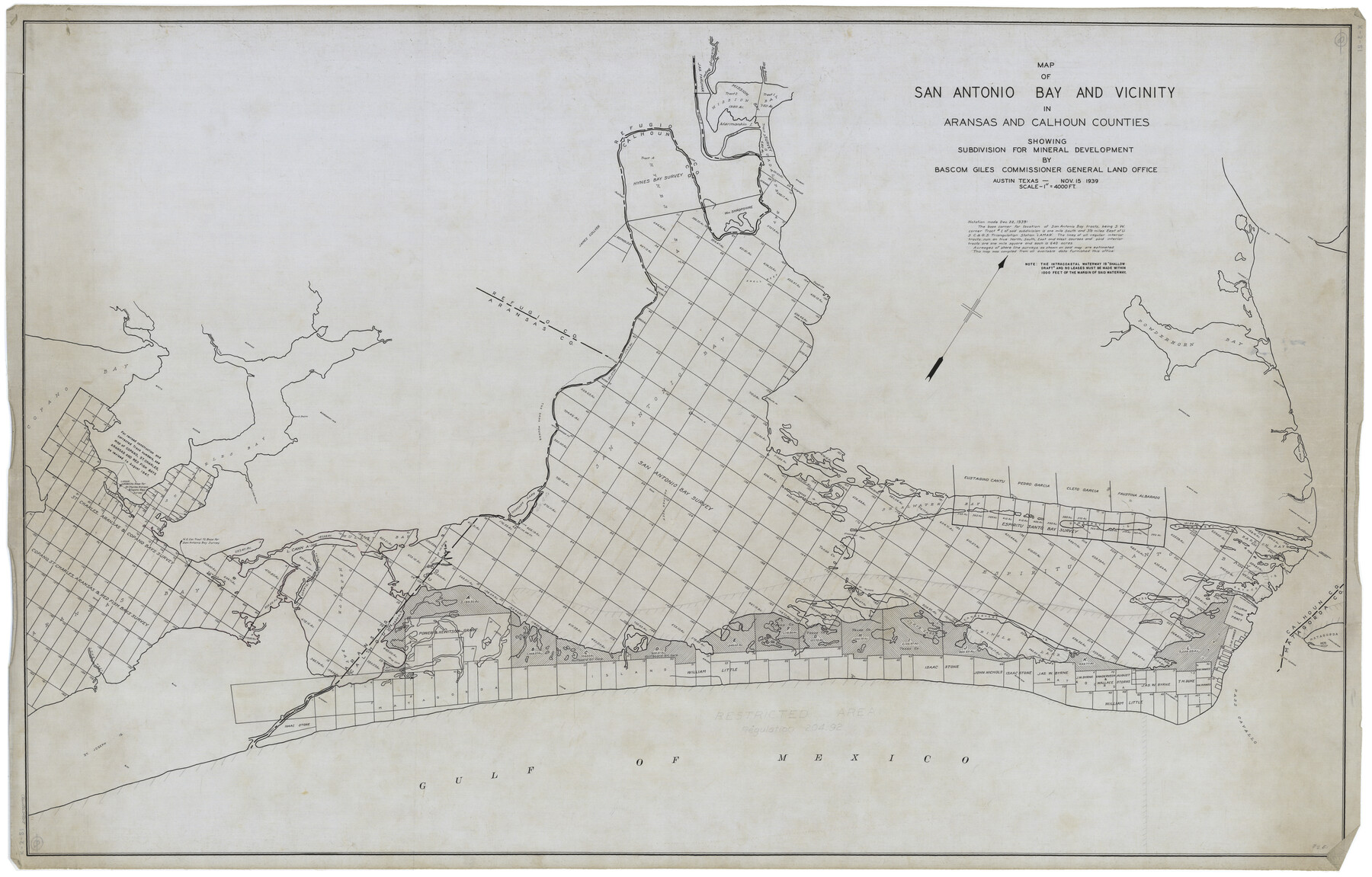 2925, Map of San Antonio Bay and Vicinity in Aransas and Calhoun Counties showing subdivision for mineral development, General Map Collection