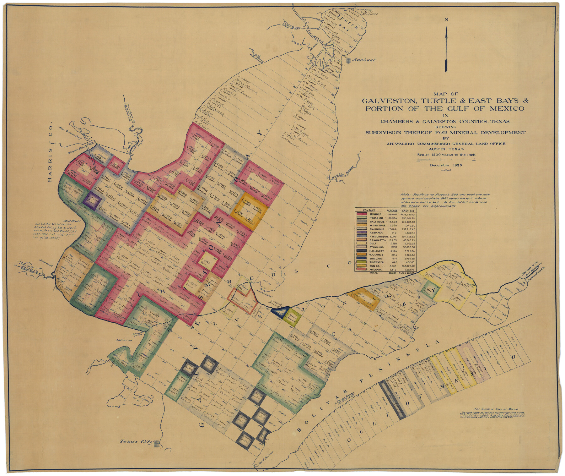 2939, Map of Galveston, Turtle & East Bays & portion of the Gulf of Mexico in Chambers & Galveston Counties, Texas showing subdivision therof for mineral development, General Map Collection