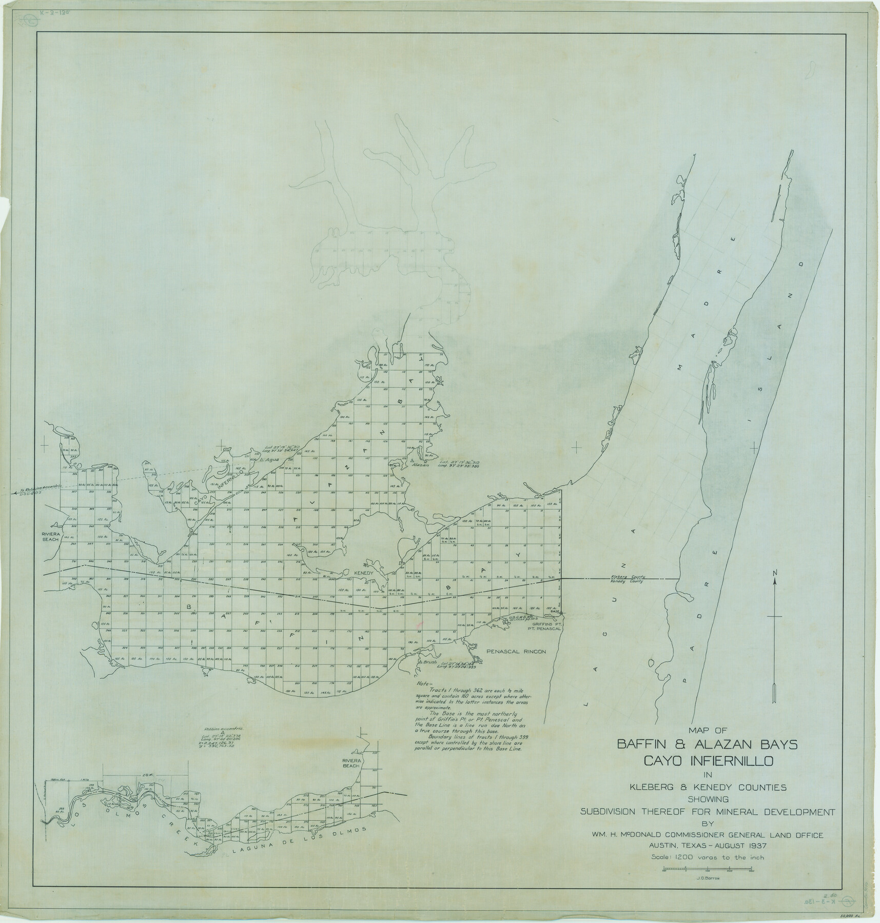 3016, Map of Baffin & Alazan Bays, Cayo Infiernillo in Kenedy & Kleberg Counties Showing Subdivision for Mineral Development, General Map Collection