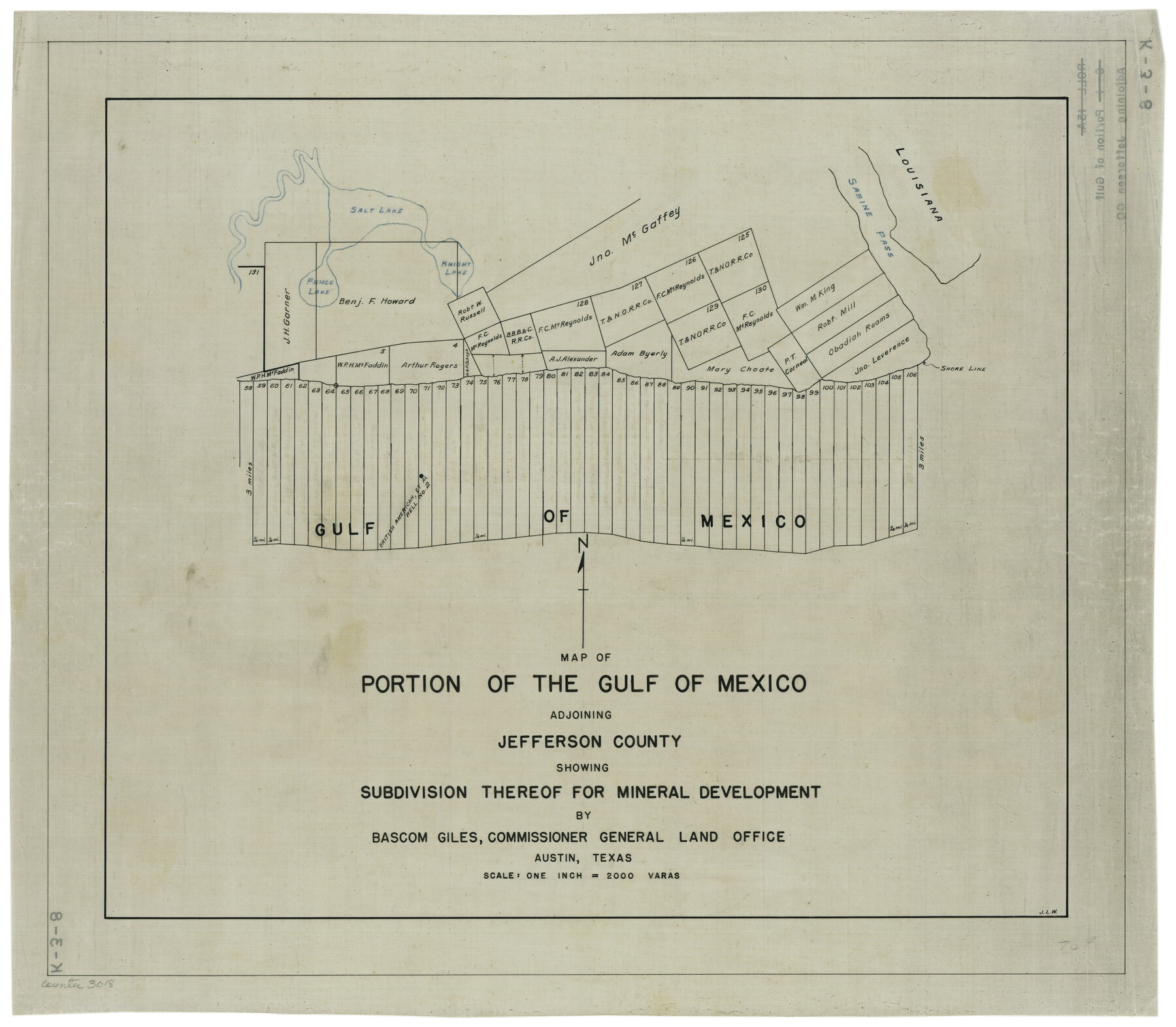 3018, Map of Portion of the Gulf of Mexico Adjoining Jefferson County Showing Subdivision Thereof for Mineral Development, General Map Collection