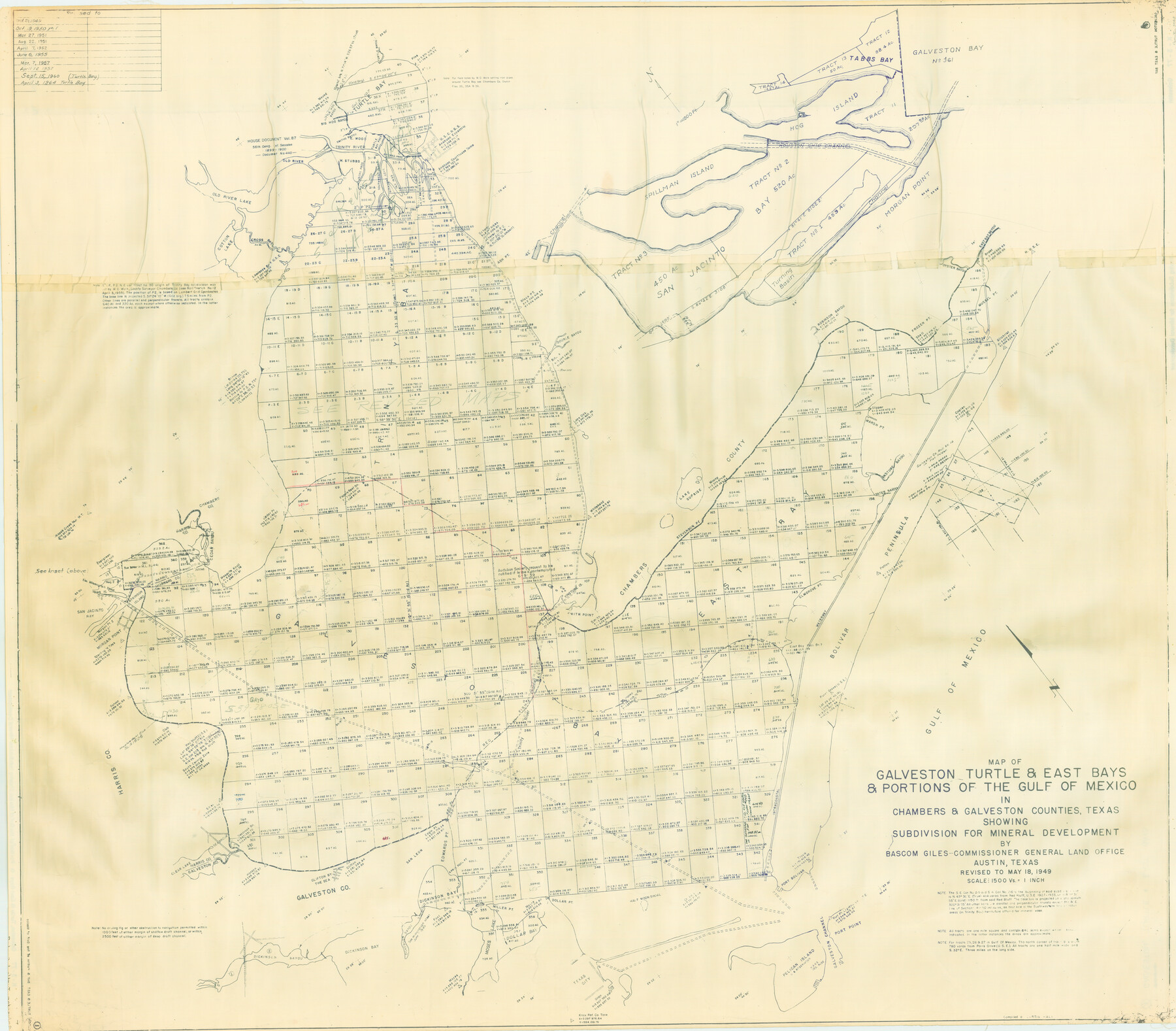 3068, Map of Galveston, Turtle & East Bays & portions of the Gulf of Mexico in Chambers & Galveston Counties, Texas showing subdivision for mineral development, General Map Collection