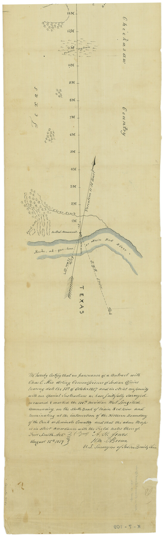 3091, Map of survey of the 100th Meridian west longitude, extending from the north bank of Red River to the intersection of the Northern Boundary of the Creek or Seminole Country, General Map Collection