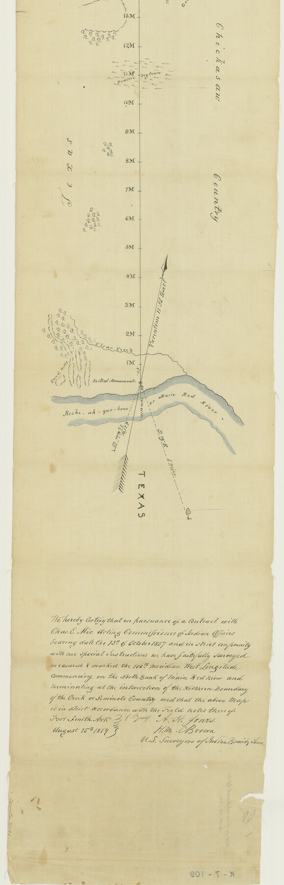 3091, Map of survey of the 100th Meridian west longitude, extending from the north bank of Red River to the intersection of the Northern Boundary of the Creek or Seminole Country, General Map Collection