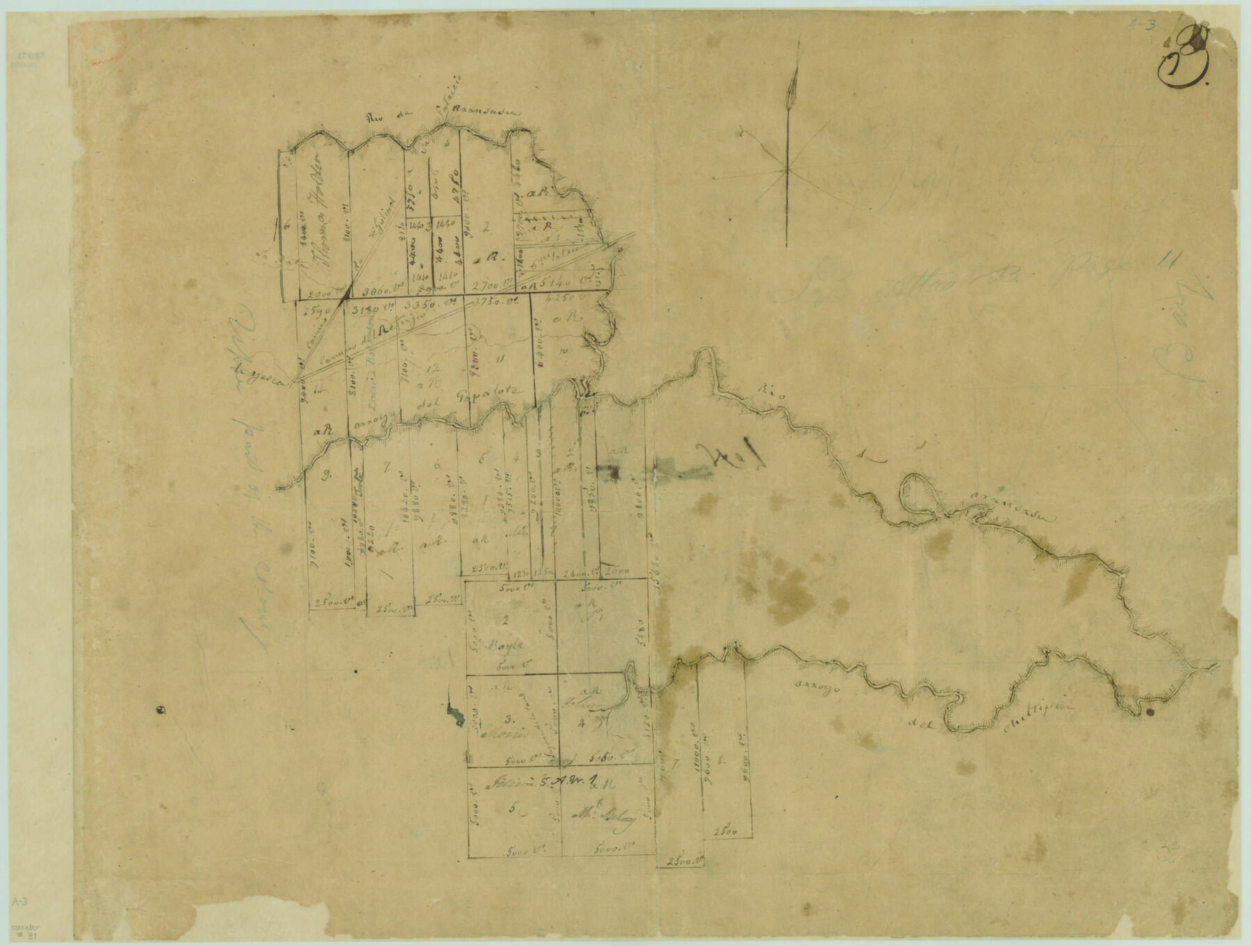 31, [Surveys in Power and Hewetson's Colony along the Aransas River, shown as Aransasu and Chiltipin Creek], General Map Collection