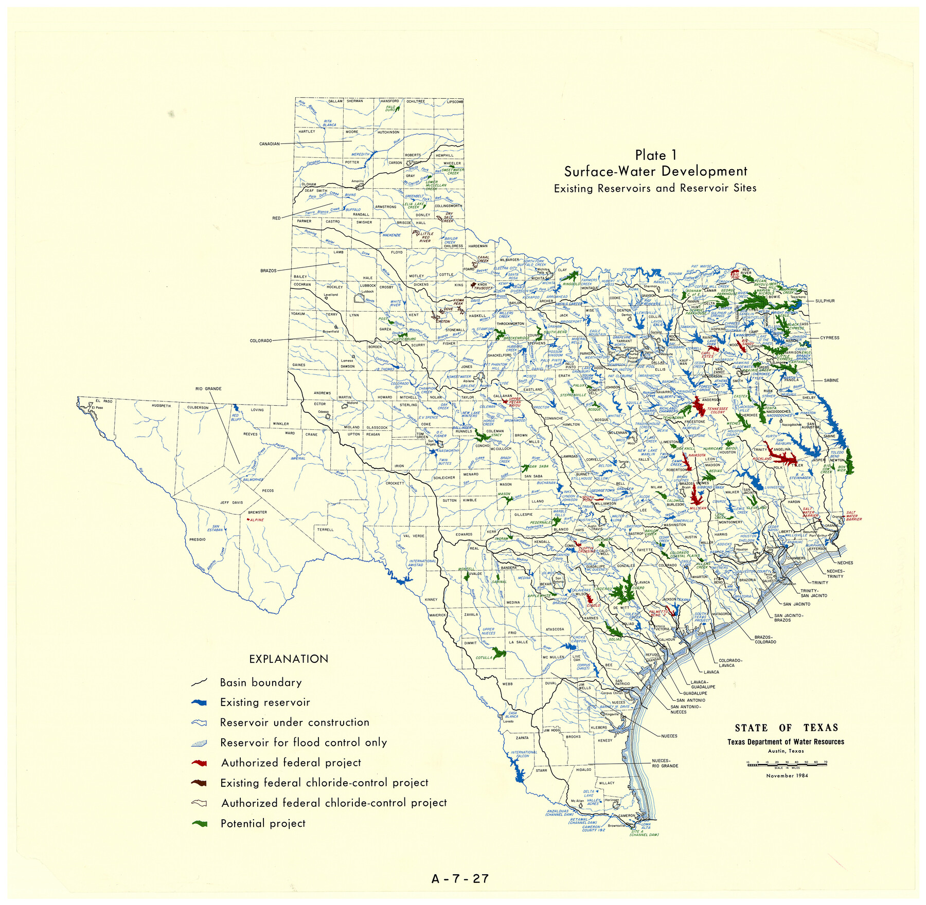 3128, State of Texas, Plate 1: Surface-Water Development, Existing Reservoirs and Reservoir Sites, General Map Collection
