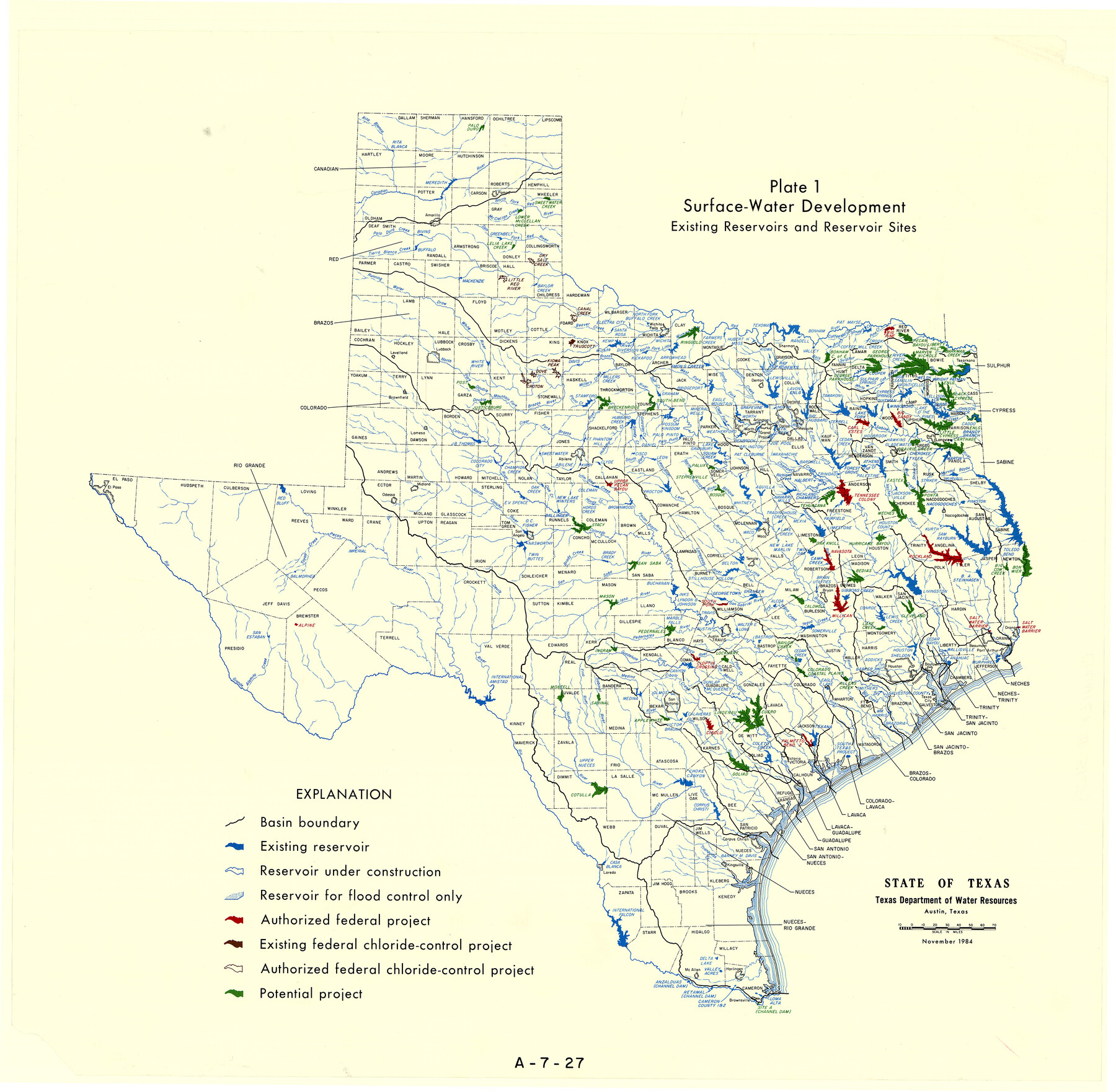 3128, State of Texas, Plate 1: Surface-Water Development, Exisiting Reservoirs and Reservoir Sites, General Map Collection