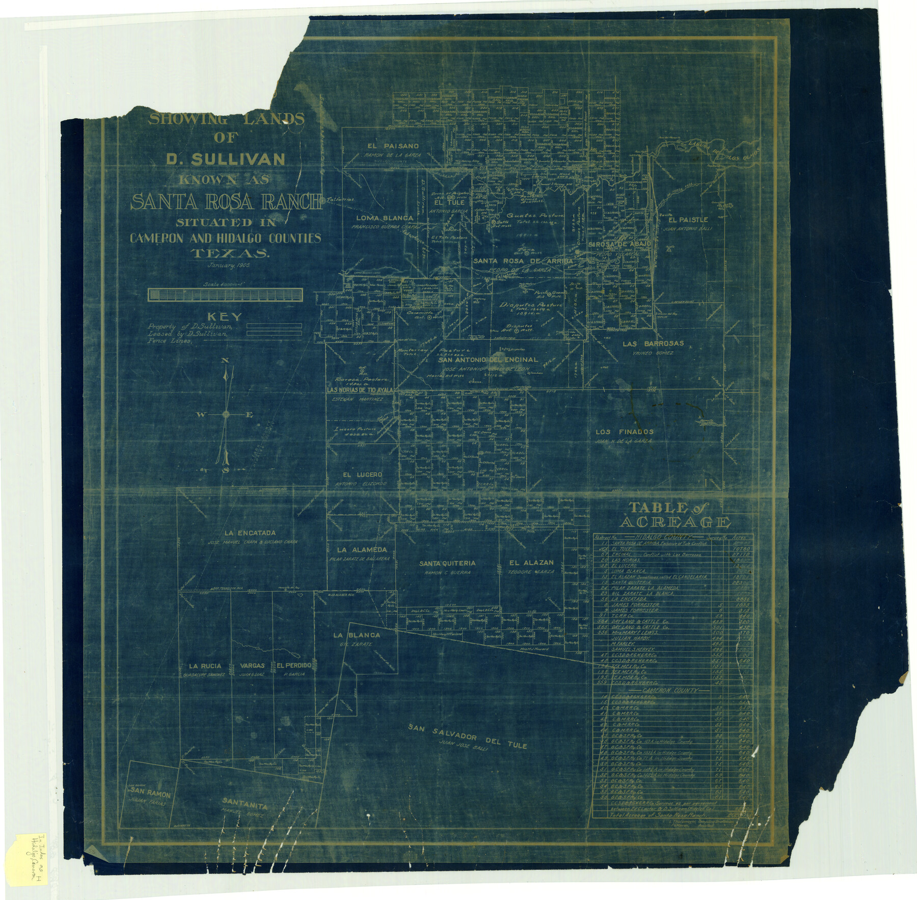 4451, Map showing lands of D. Sullivan known as Santa Rosa Ranch, situated in Cameron and Hidalgo Counties, Texas, Maddox Collection