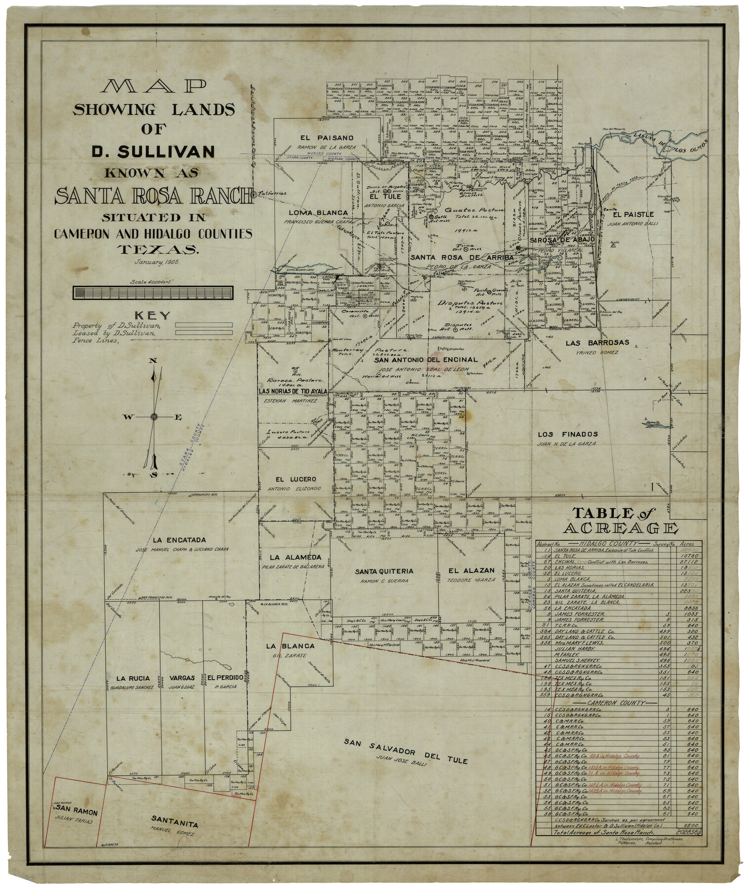 4455, Map showing lands of D. Sullivan known as Santa Rosa Ranch situated in Cameron and Hidalgo Counties, Texas, Maddox Collection