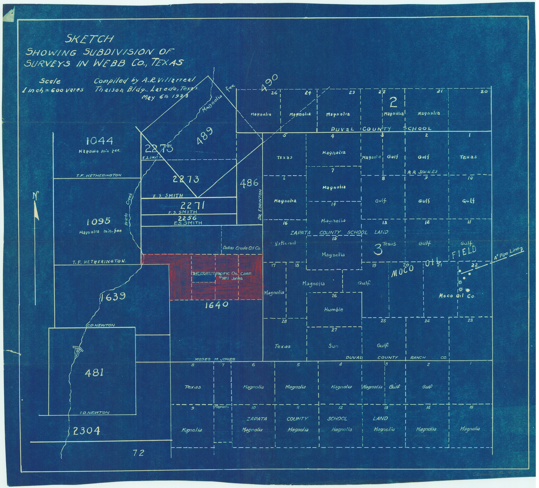 459, Sketch showing subdivision of surveys in Webb Co., Texas, Maddox Collection