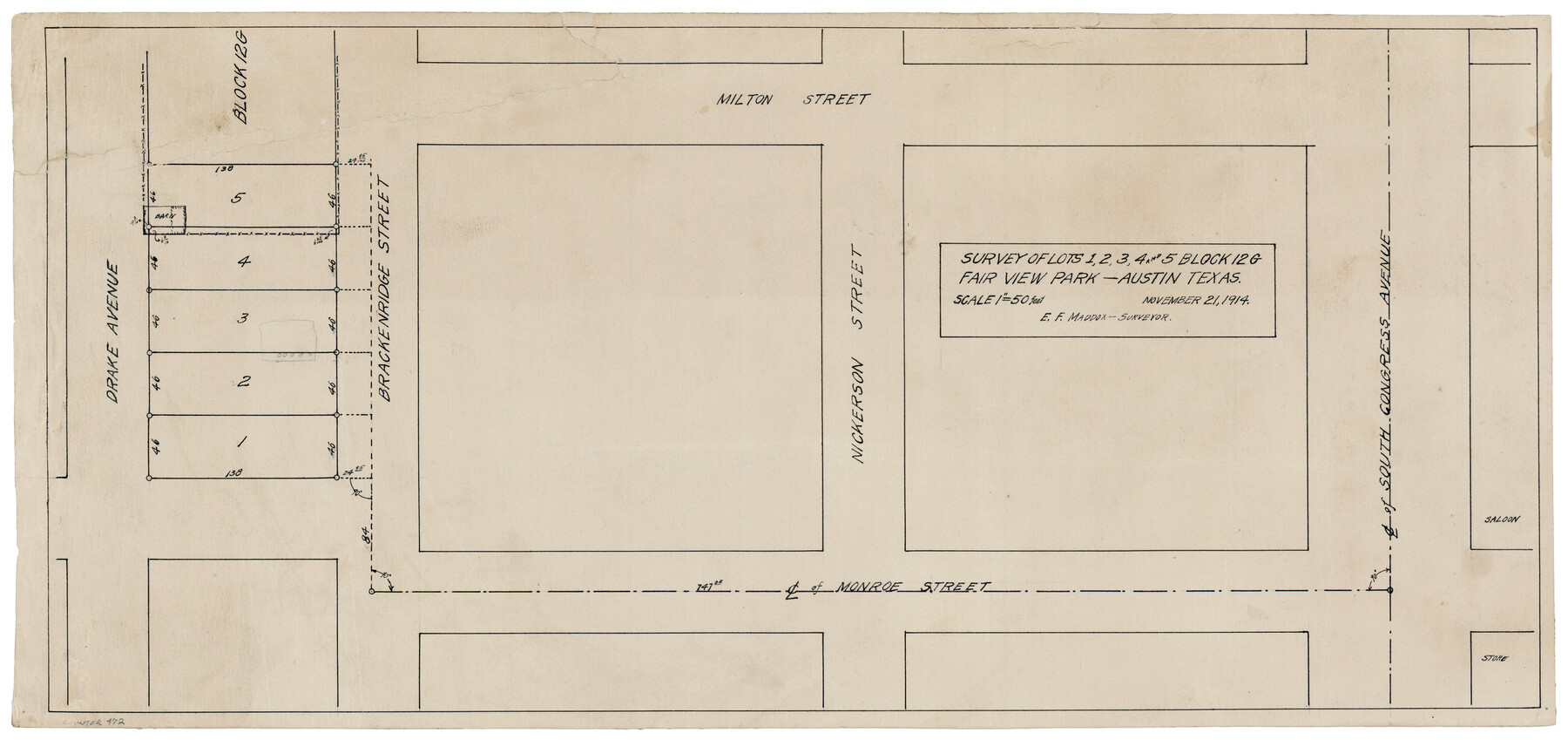 472, Survey of Lots 1, 2, 3, 4 and 5, Block 12G Fair View Park, Austin Texas, Maddox Collection
