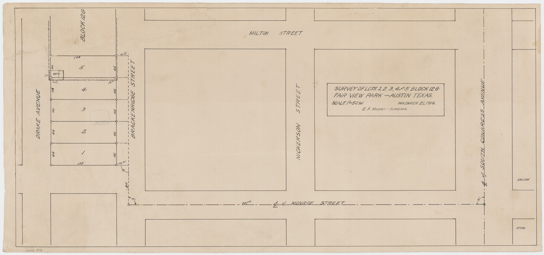 472, Survey of Lots 1, 2, 3, 4 and 5, Block 12G Fair View Park, Austin Texas, Maddox Collection