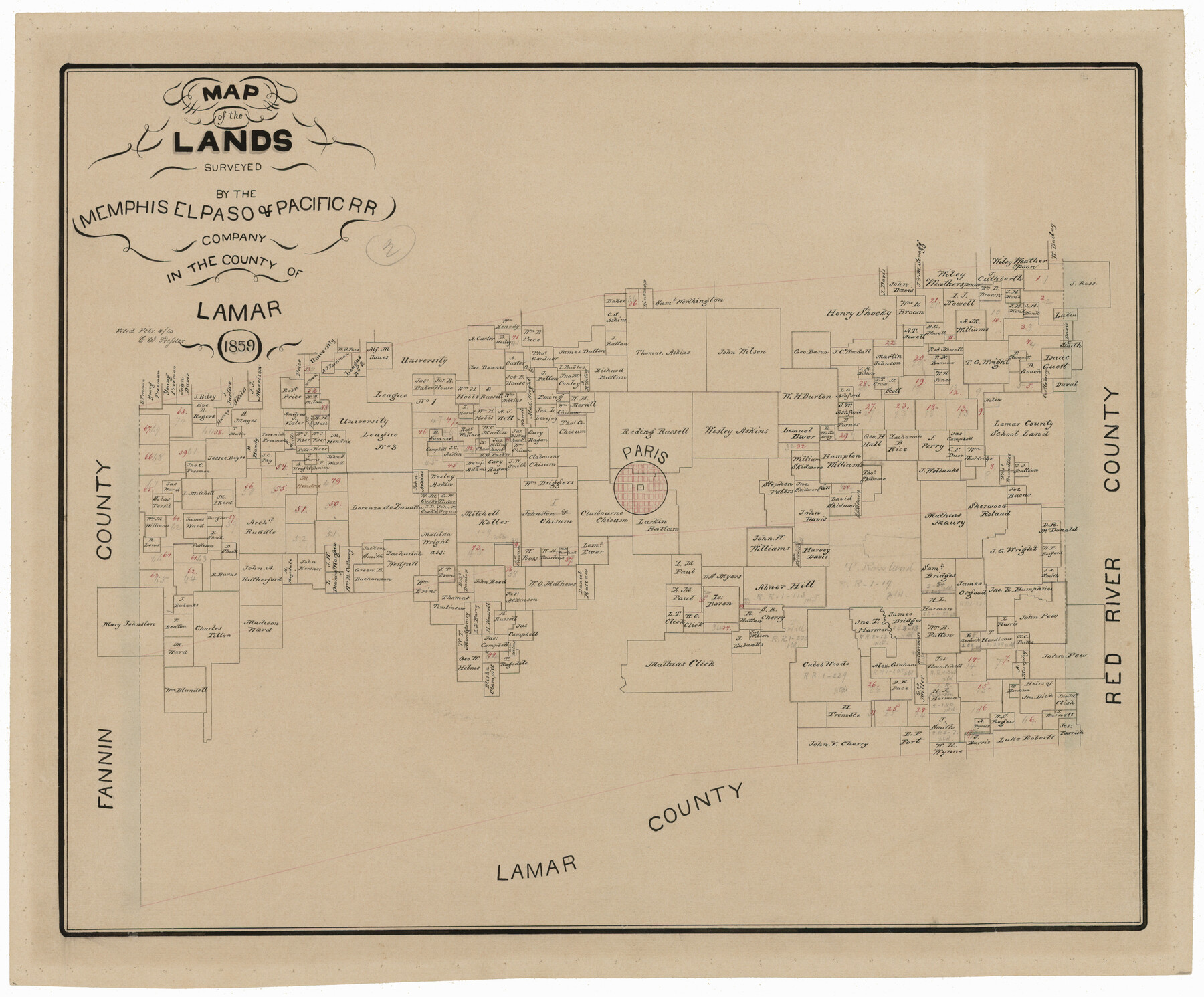 4844, Map of the Lands Surveyed by the Memphis, El Paso & Pacific R.R. Company, General Map Collection