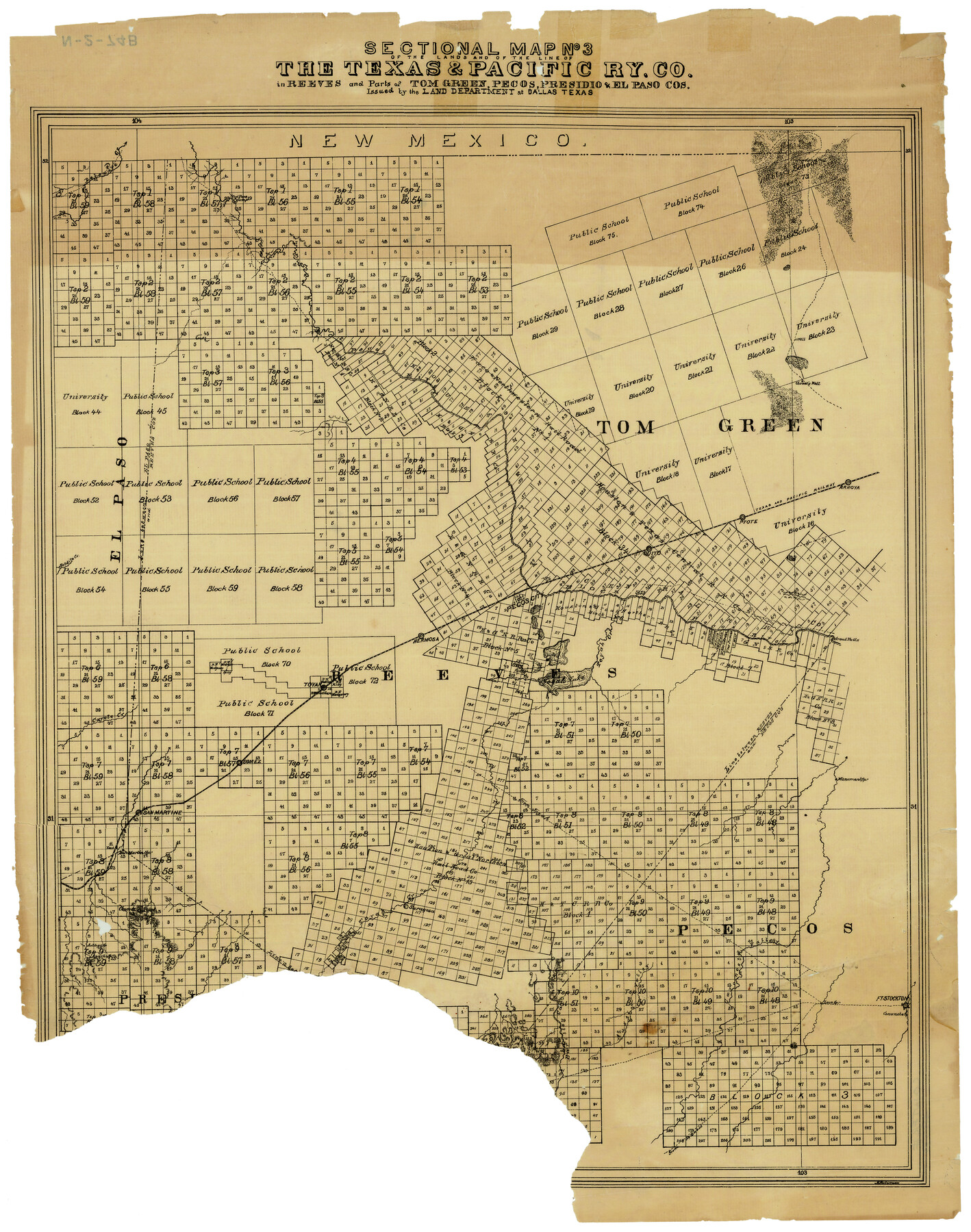 4858, Sectional Map No. 3 of the lands and of the line of the Texas & Pacific Ry. Co. in Reeves and parts of Tom Green, Pecos, Presidio & El Paso Cos., General Map Collection