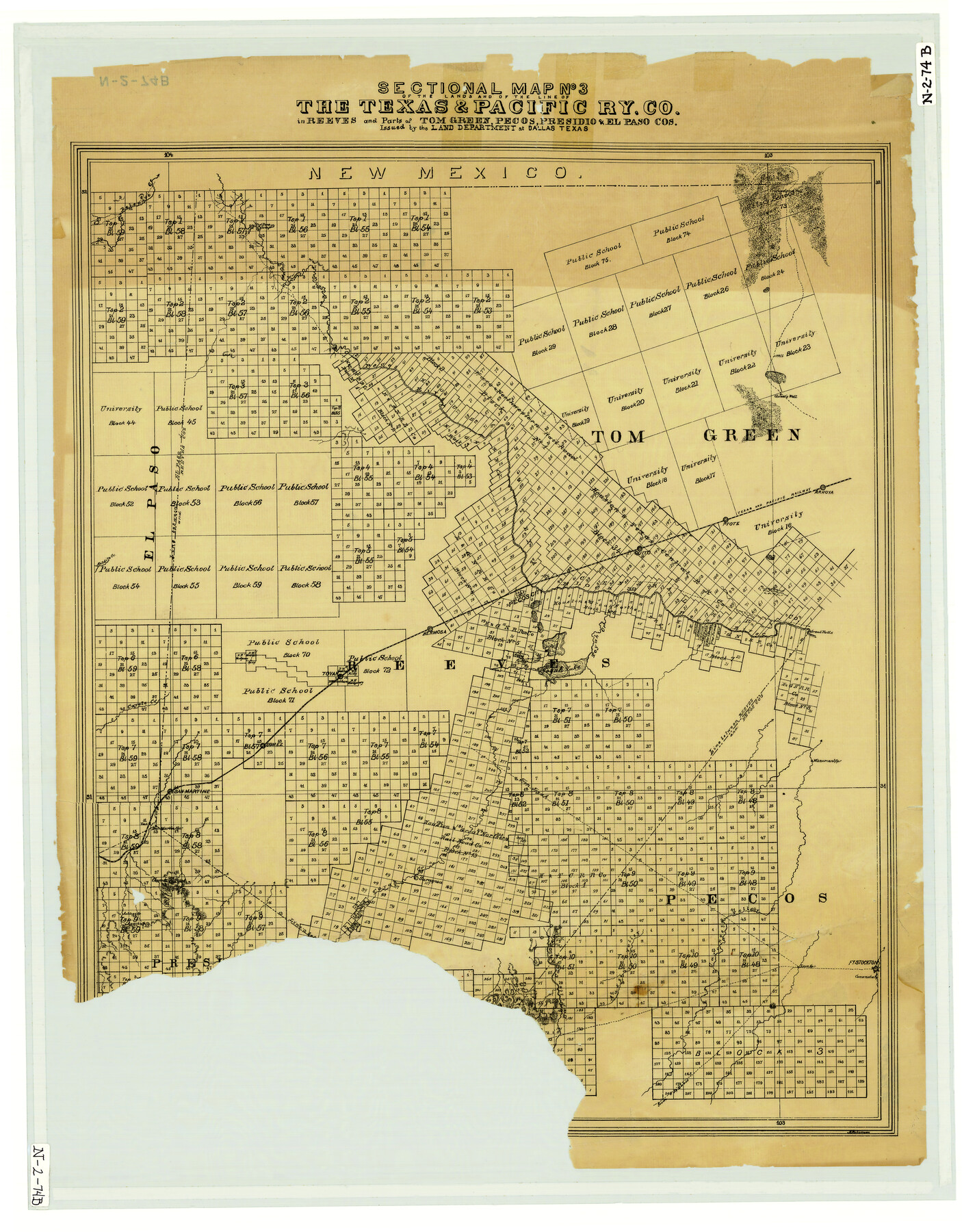 4858, Sectional Map No. 3 of the lands and of the line of the Texas & Pacific Ry. Co. in Reeves and parts of Tom Green, Pecos, Presidio & El Paso Cos., General Map Collection