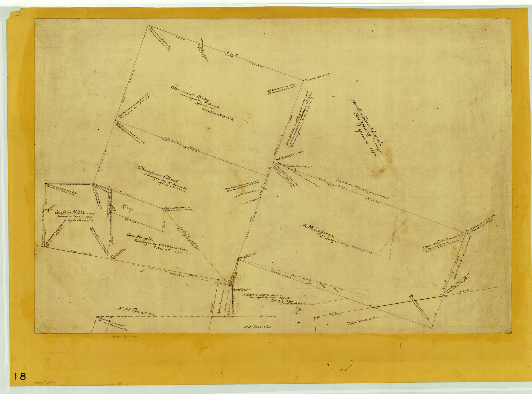 5040, [Plat Showing Jeremiah Kirby, Champion Choat, A. M. Lejarza & Hardin Co. School Lands], Maddox Collection