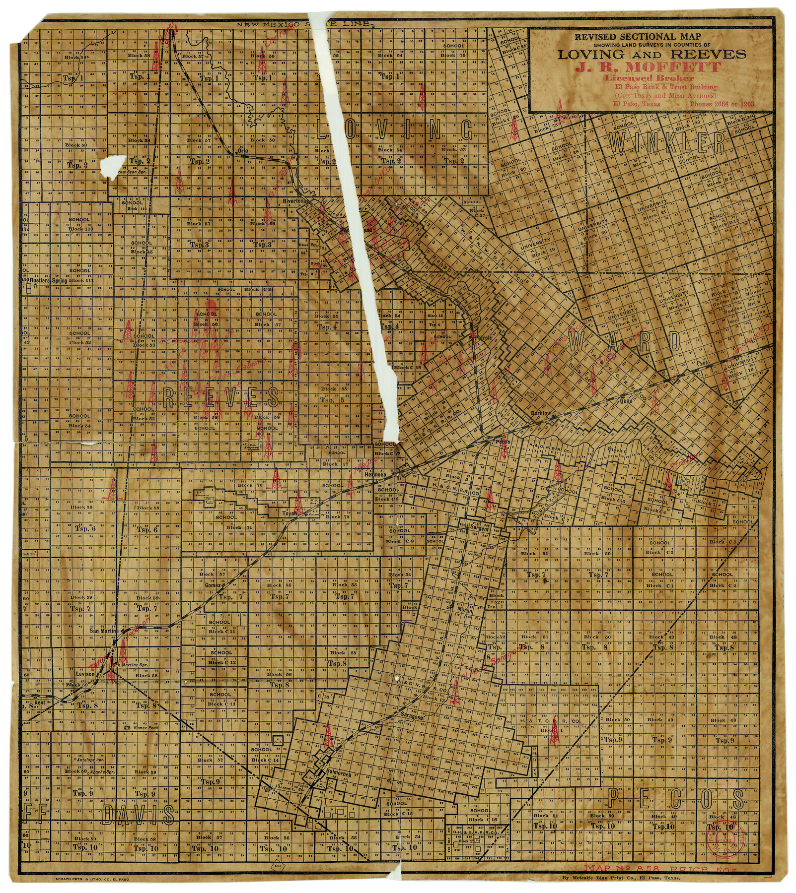 5053, Revised Sectional Map showing land surveys in counties of Loving and Reeves, Maddox Collection
