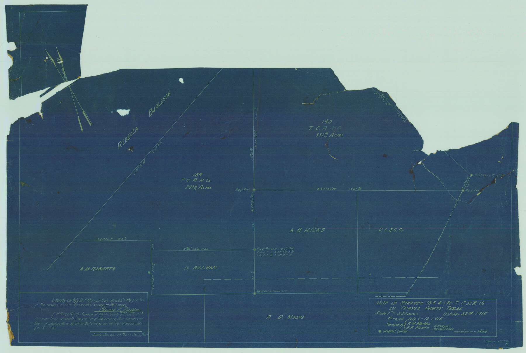 5079, Map of surveys 189 & 190 T. C. R.R. Co. in Travis County, Texas, Maddox Collection